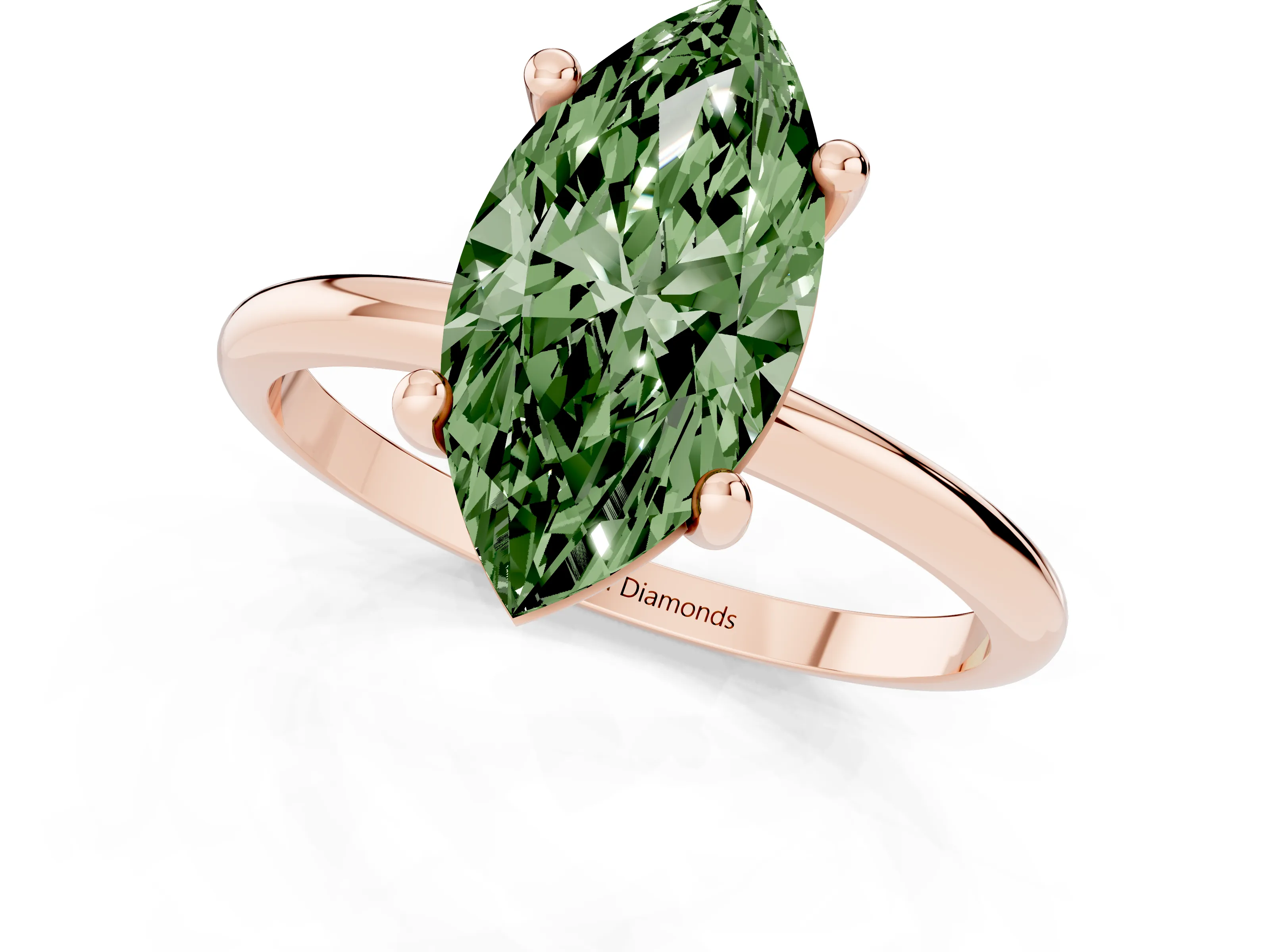 Fancy Green Marquise Cut Diamond Solitaire Ring Set in Rose gold with Secure Prong Setting on a Classic Band