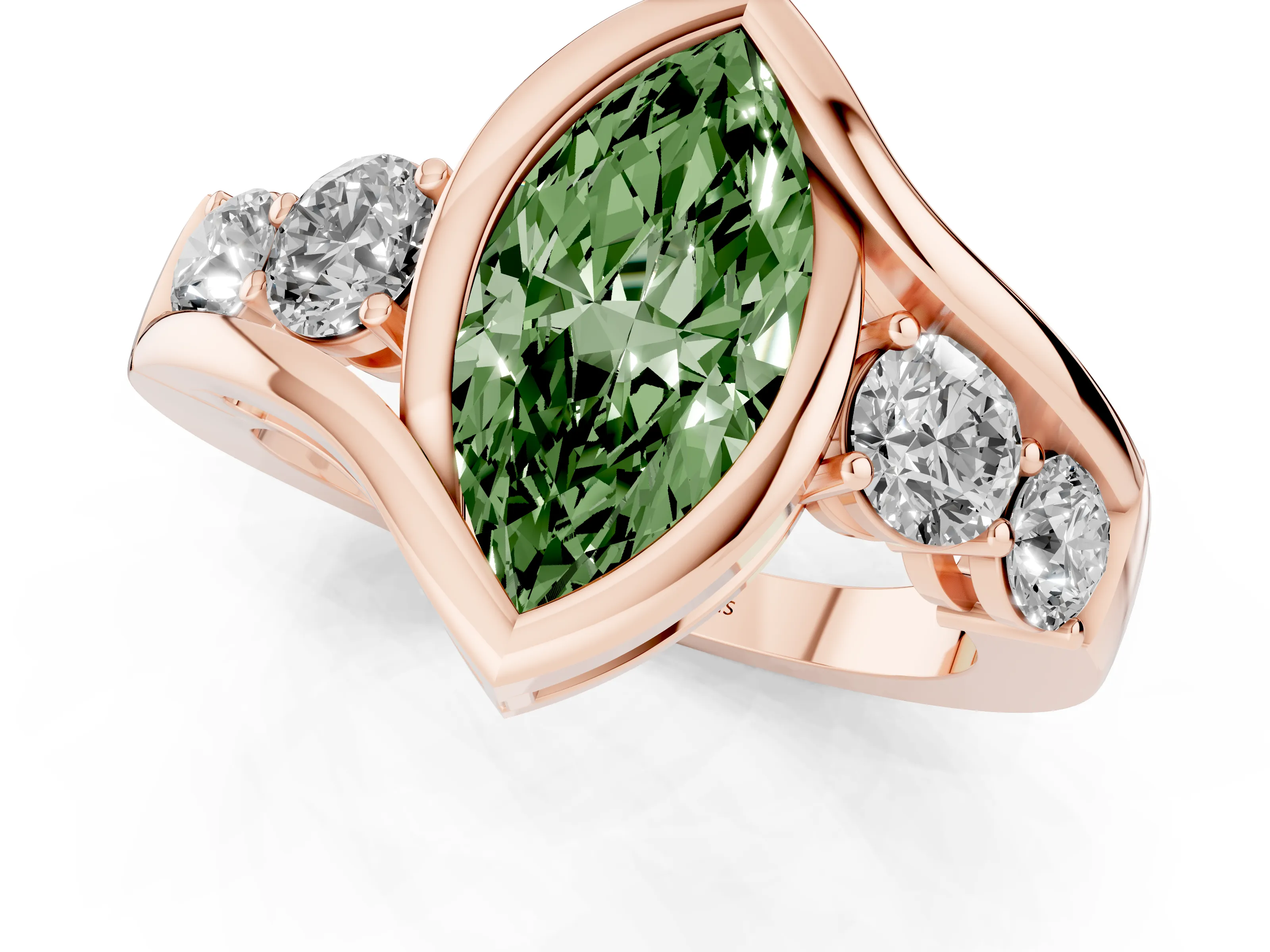 Fancy Green Marquise Cut Diamond Bezel Bypass Ring Set in Rose gold with Round Accents