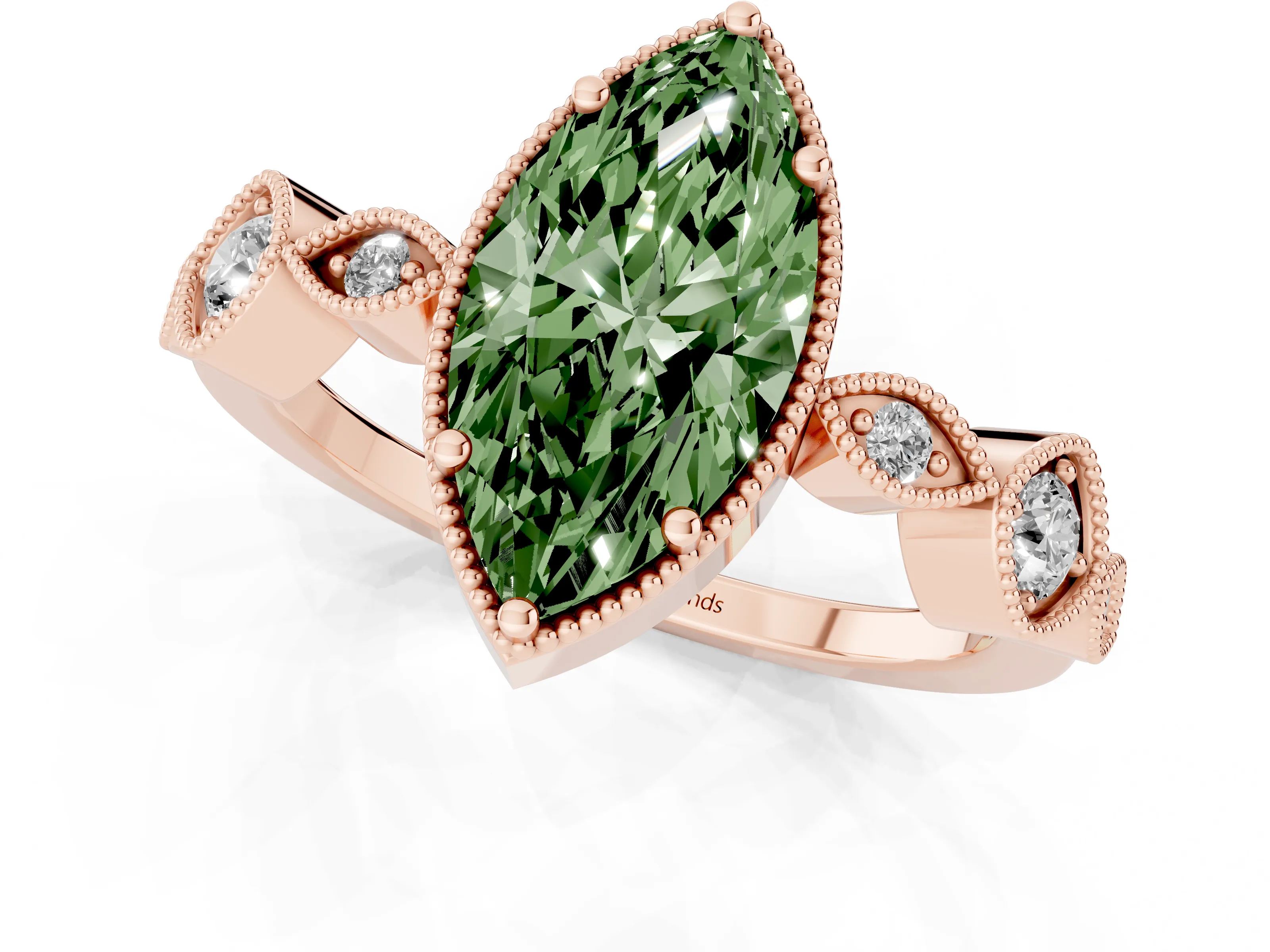 Fancy Green Marquise Cut Diamond Vintage-Inspired Milgrain Ring Set in Rose gold with Marquise Stations of Round Accents