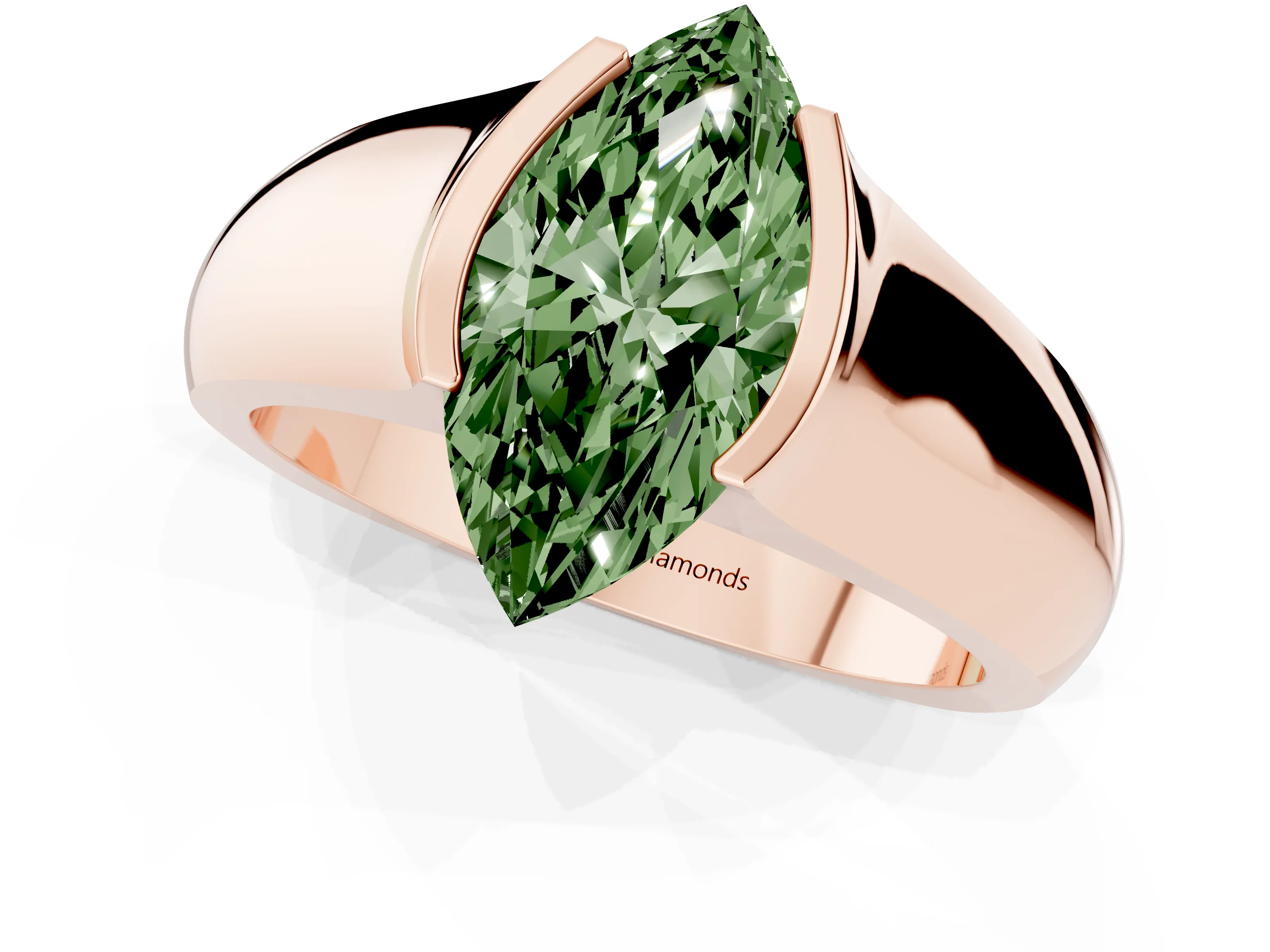 Fancy Green Marquise Cut Diamond Bezel Solitaire Ring Set in Rose gold with Wide Band