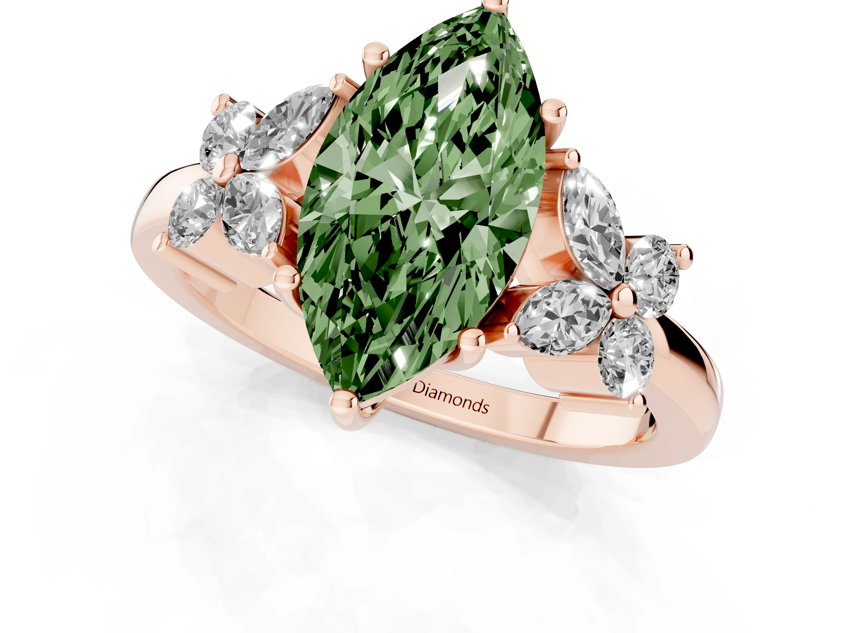 Fancy Green Marquise Cut Diamond Floral Cluster Ring Set in Rose gold with Marquise Petals and Prong Setting