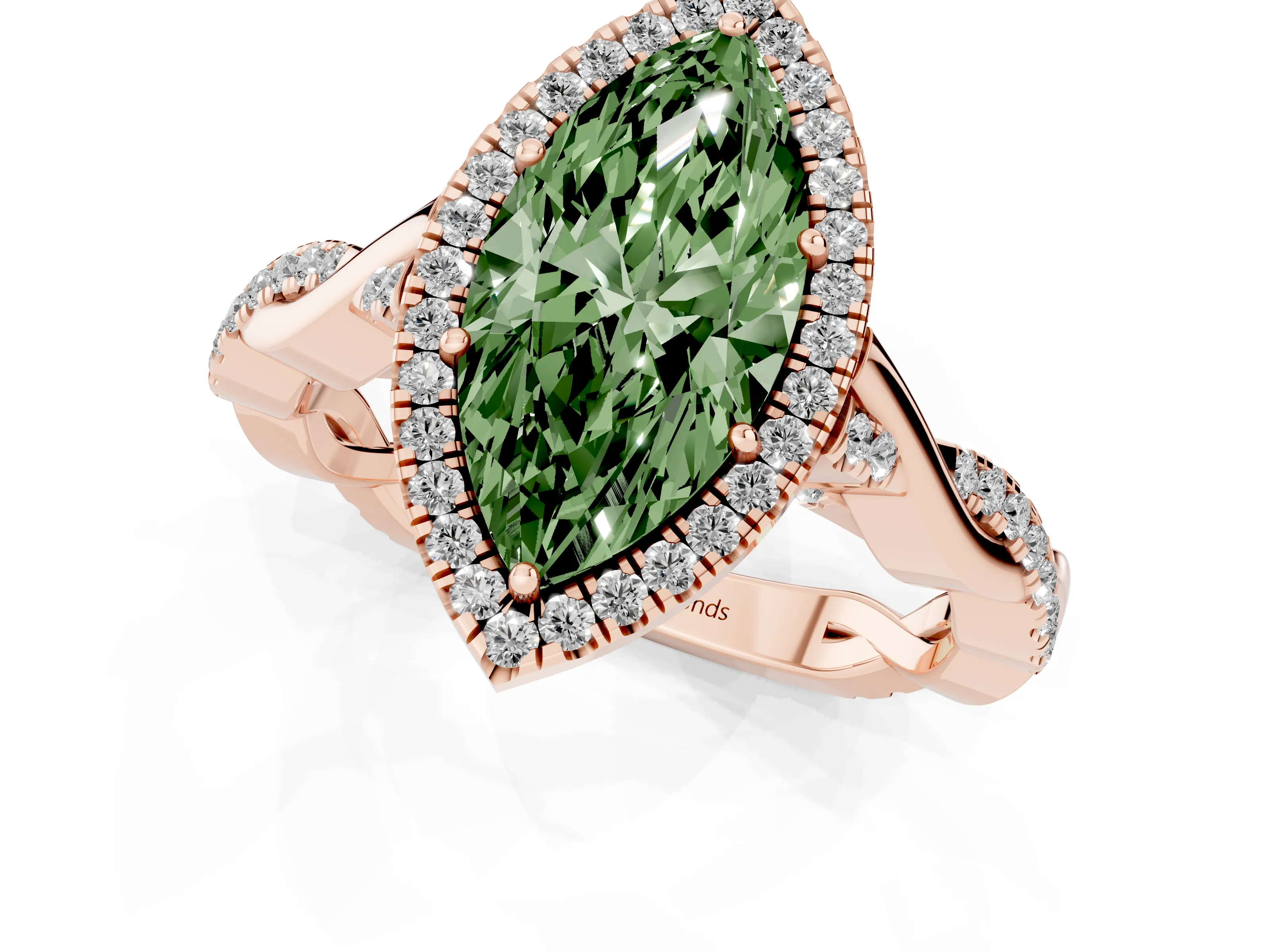 Fancy Green Marquise Cut Diamond Halo Twist Band Solitaire Ring Set in Rose gold with Prong Setting