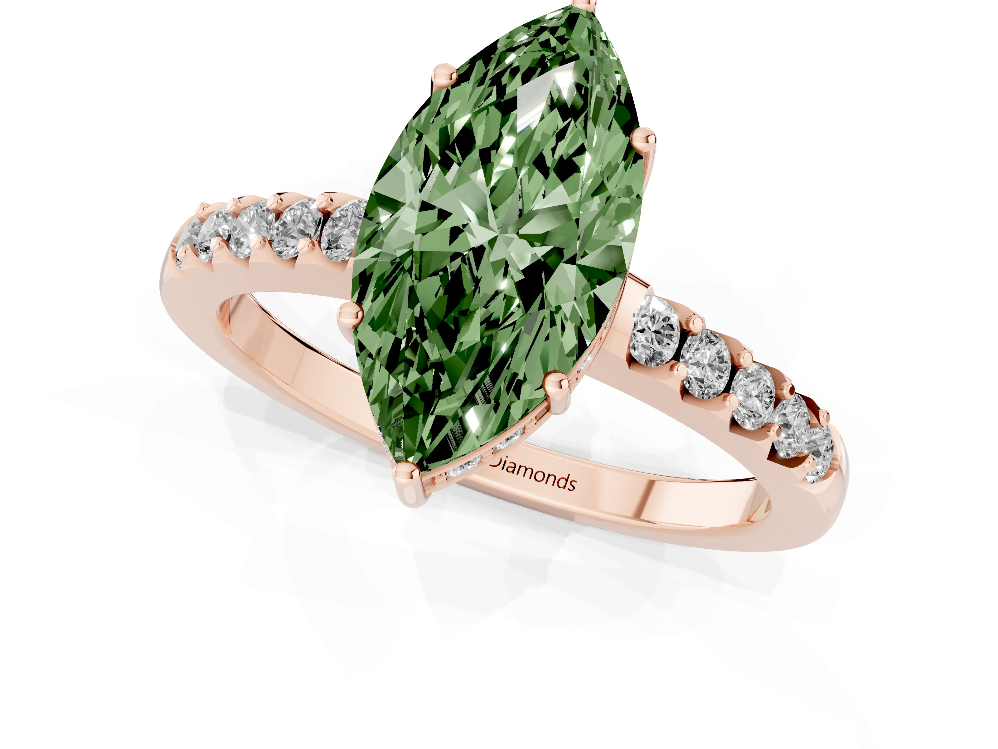 Fancy Green Marquise Cut Diamond Solitaire Engagement Ring Set in Rose gold with Pavé Band and Prong Setting