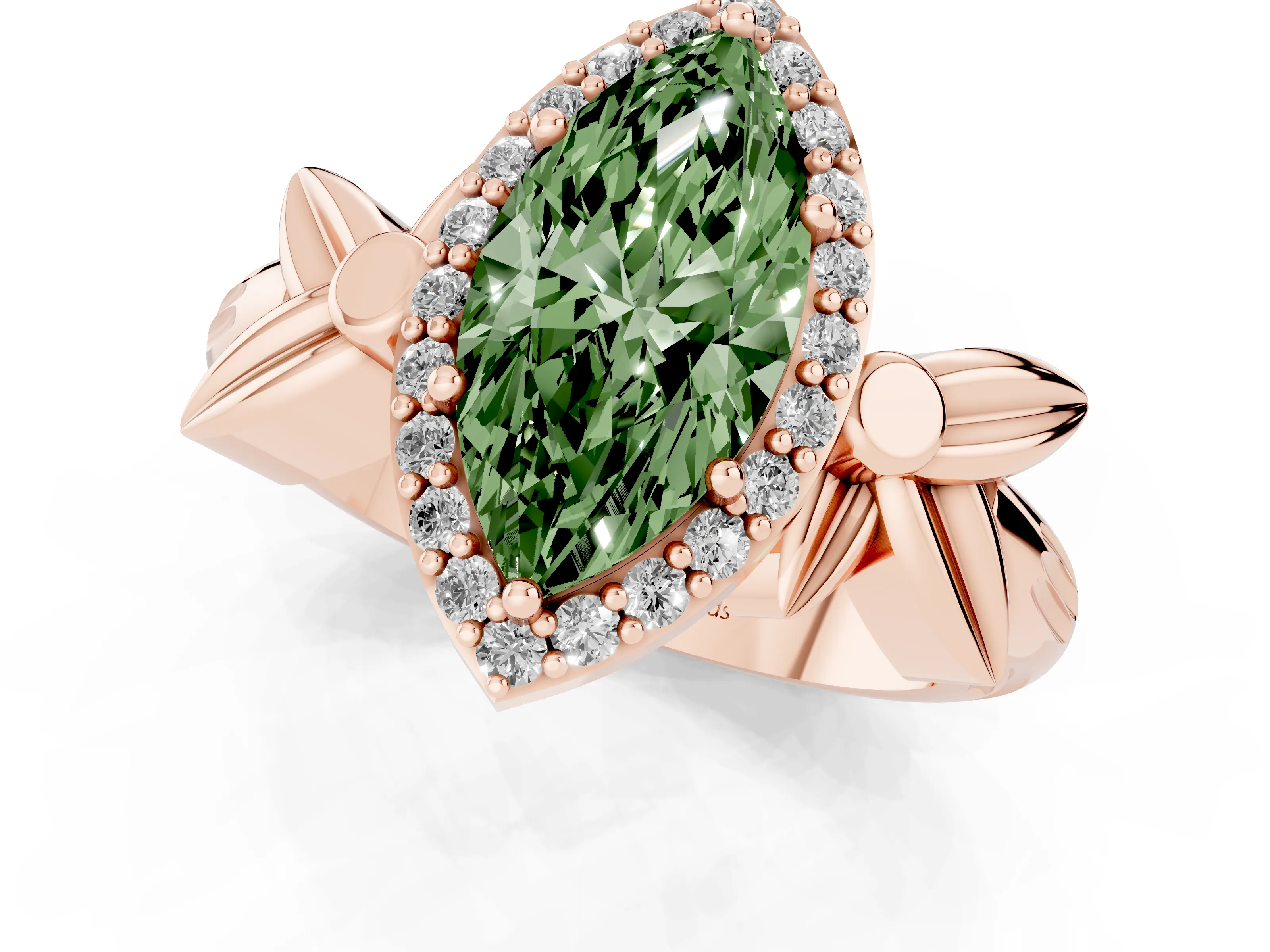 Fancy Green Marquise Cut Diamond Halo Floral Band Ring Set in Rose gold with Prong Setting