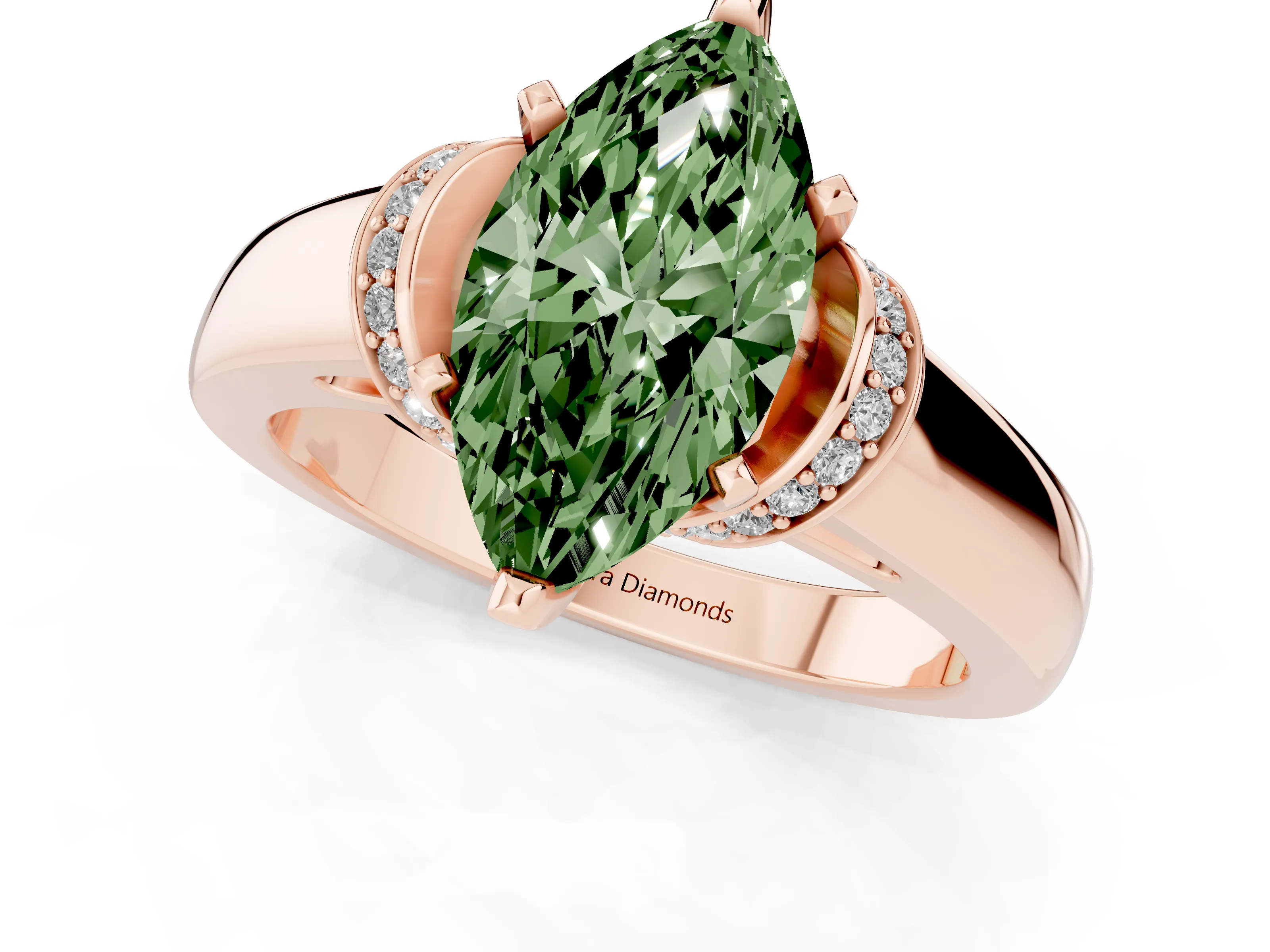 Fancy Green Marquise Cut Diamond Pavé Band Solitaire Ring Set in Rose gold with Prong Setting