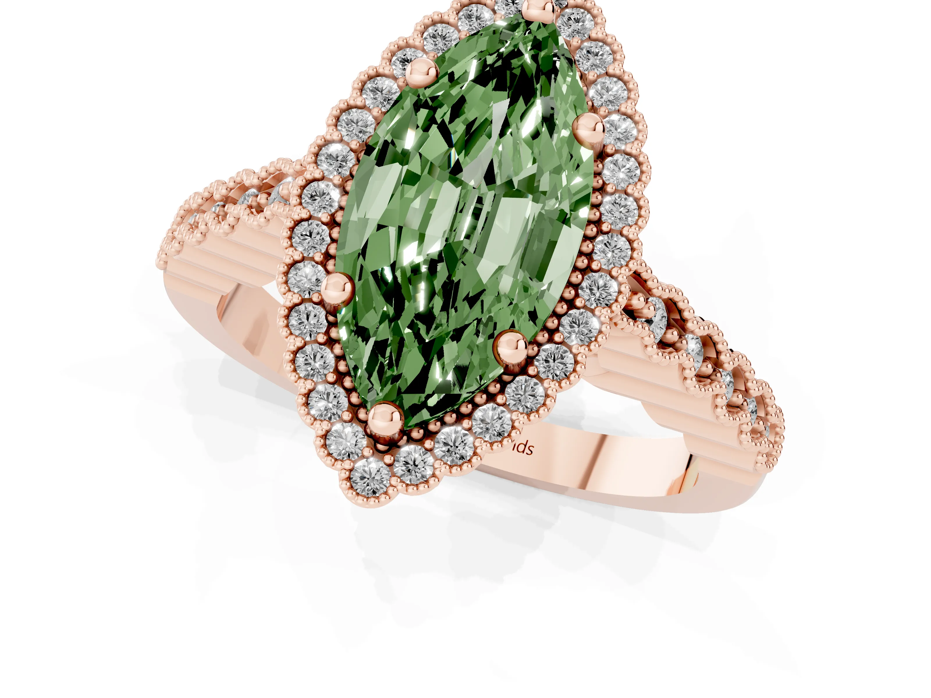 Fancy Green Marquise Cut Diamond Halo Ring Set in Rose gold with Pavé Milgrain Band