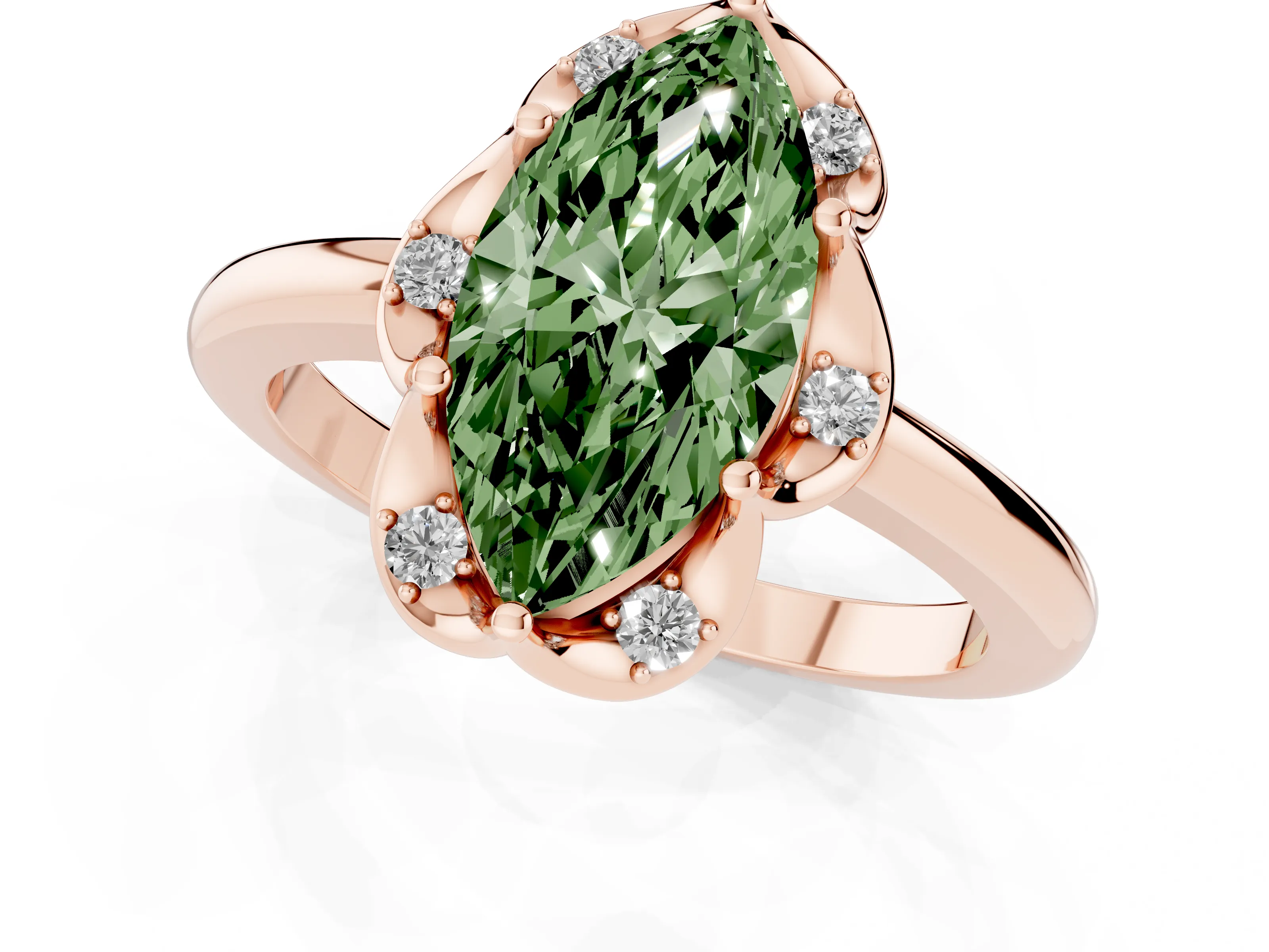 Fancy Green Marquise Cut Diamond Round Cluster Halo Ring Set in Rose gold with Solitaire Band and Prong Setting