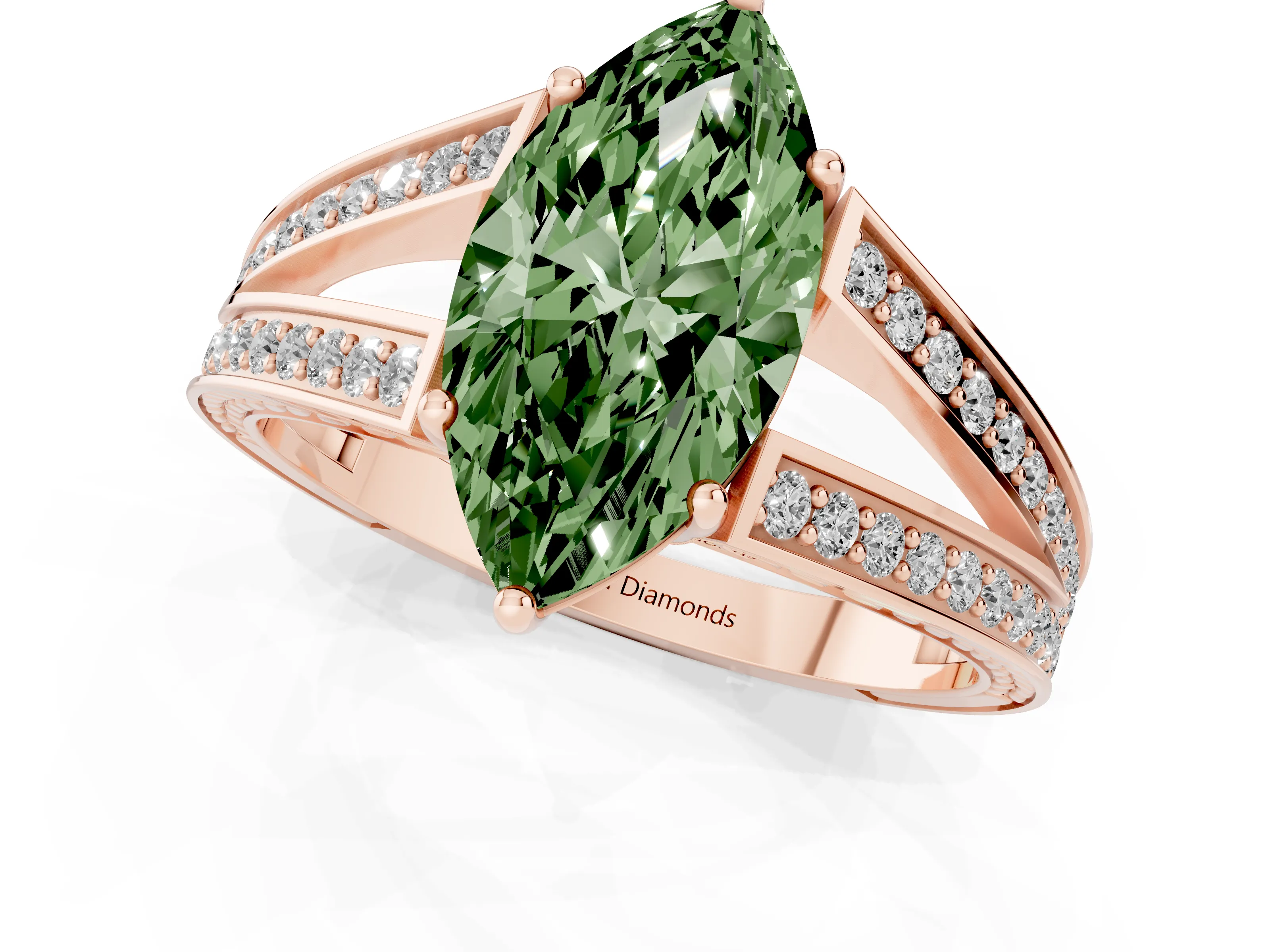Fancy Green Marquise Cut Diamond Split Shank Ring Set in Rose gold with Pavé Band and Prong Setting