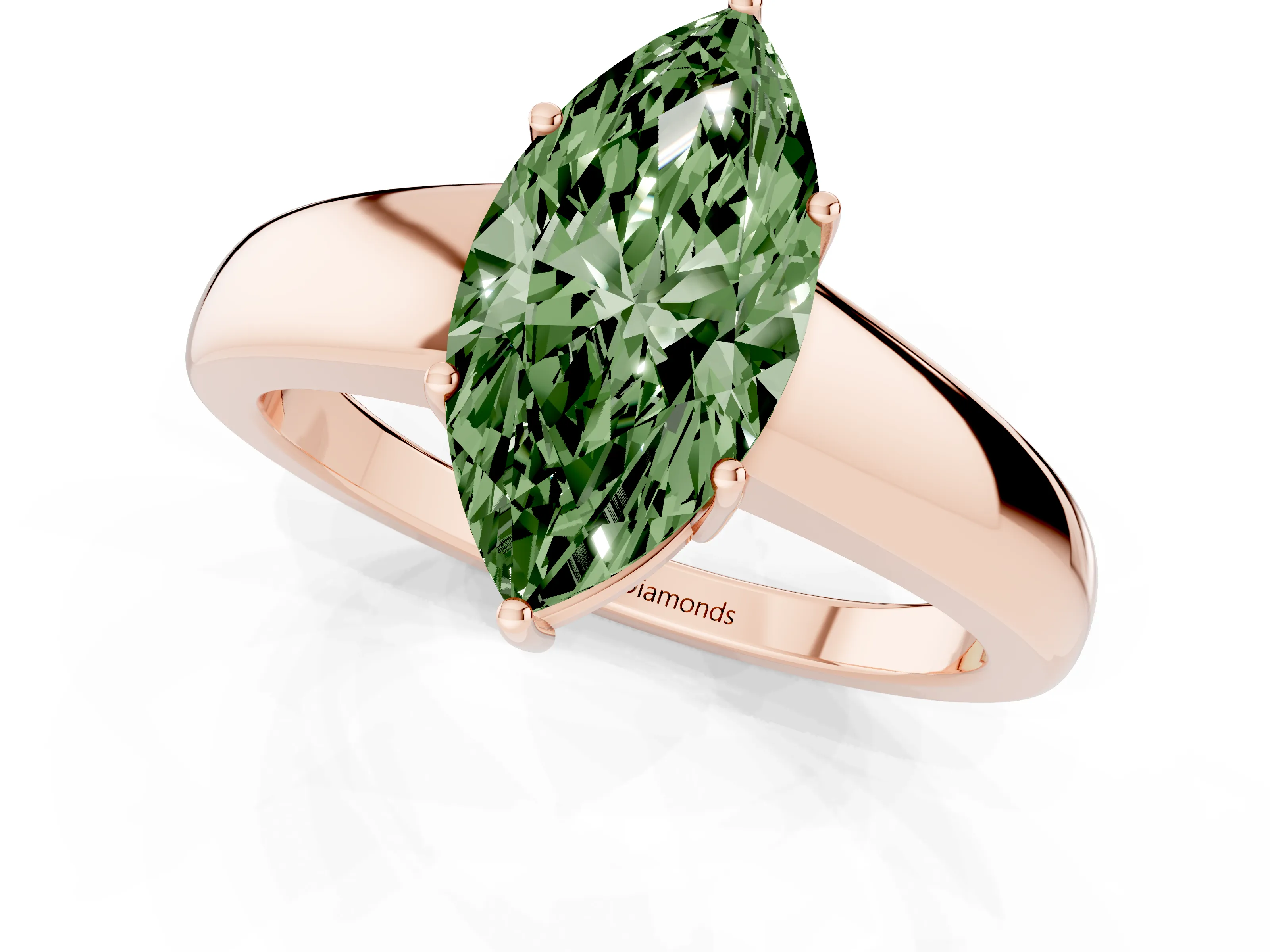 Fancy Green Marquise Cut Diamond Solitaire Ring Set in Rose gold with Tapered Band and Prong Setting