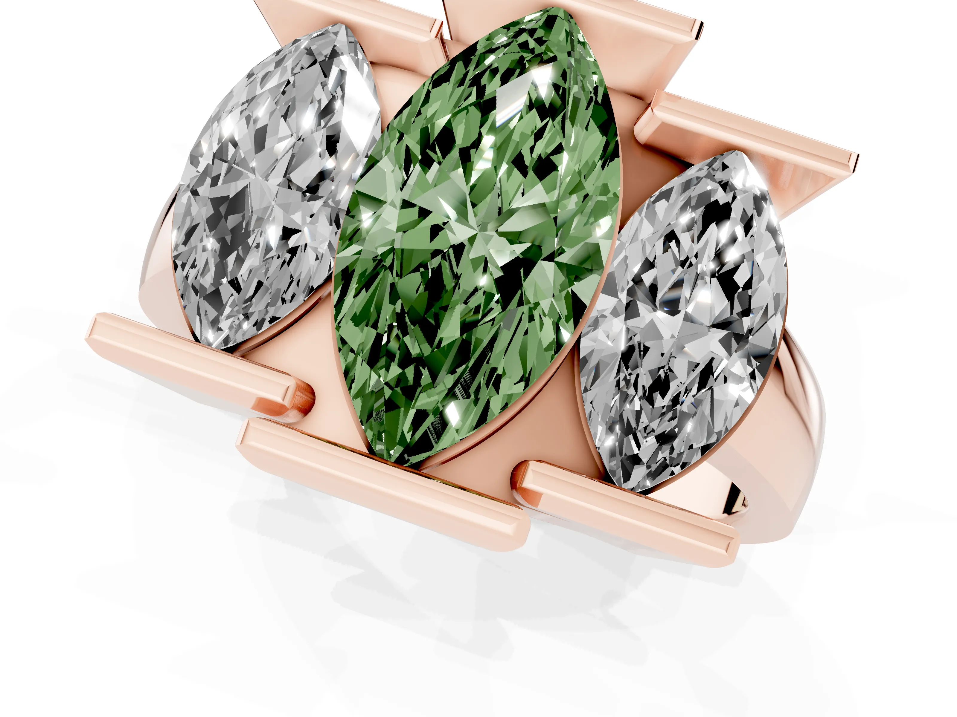 Fancy Green Marquise Cut Diamond Three-Stone Channel Set Ring Set in Rose gold with Smooth Polished Band
