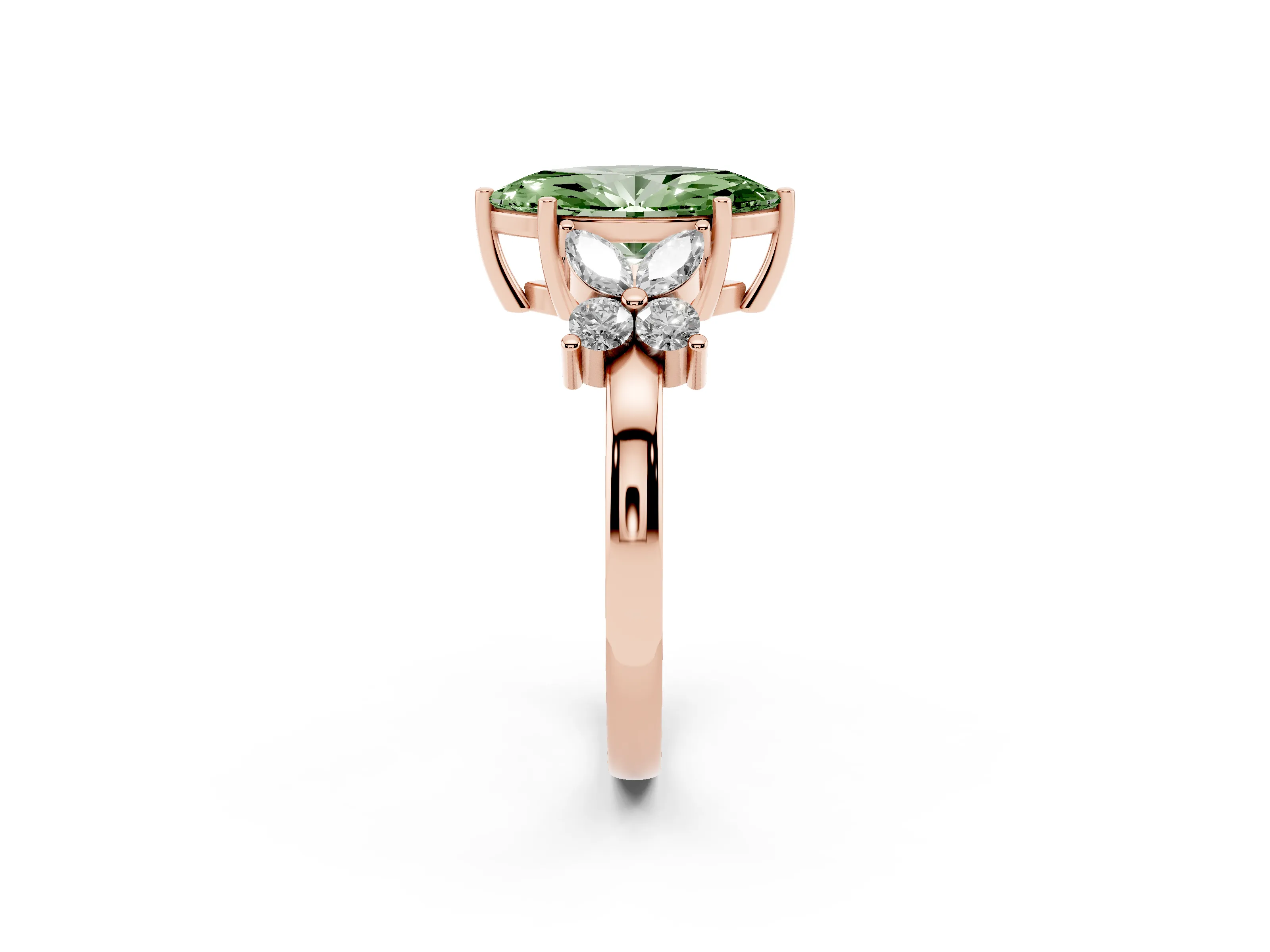 Fancy Green Marquise Cut Diamond Floral Cluster Ring Set in Rose gold with Marquise Petals and Prong Setting