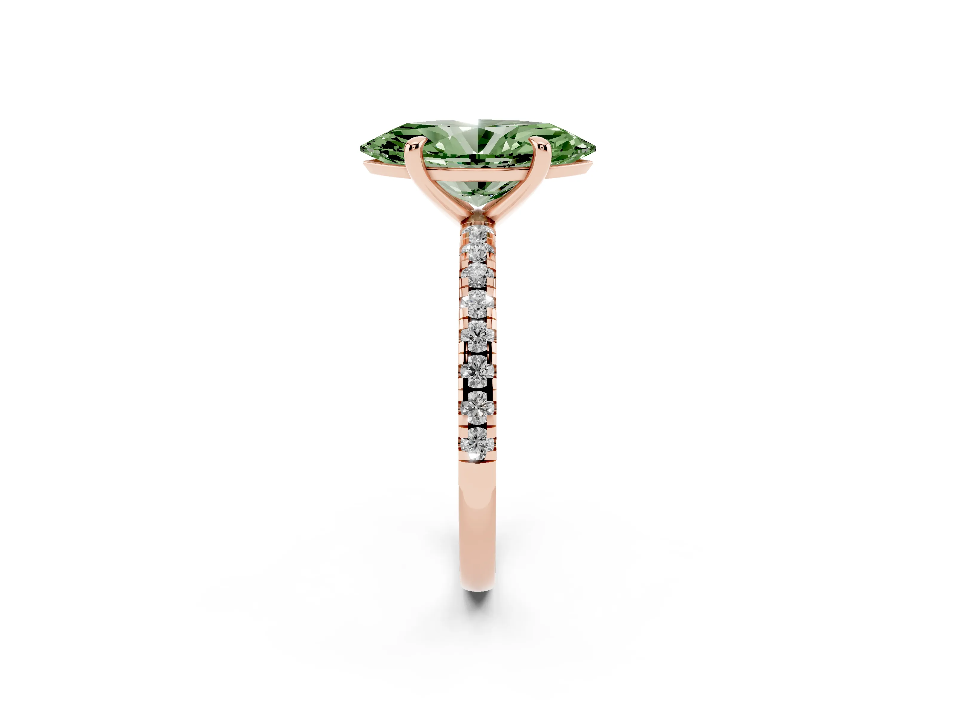 Fancy Green Marquise Cut Diamond Brilliant Solitaire Ring Set in Rose gold with Pavé Band and Prong Setting