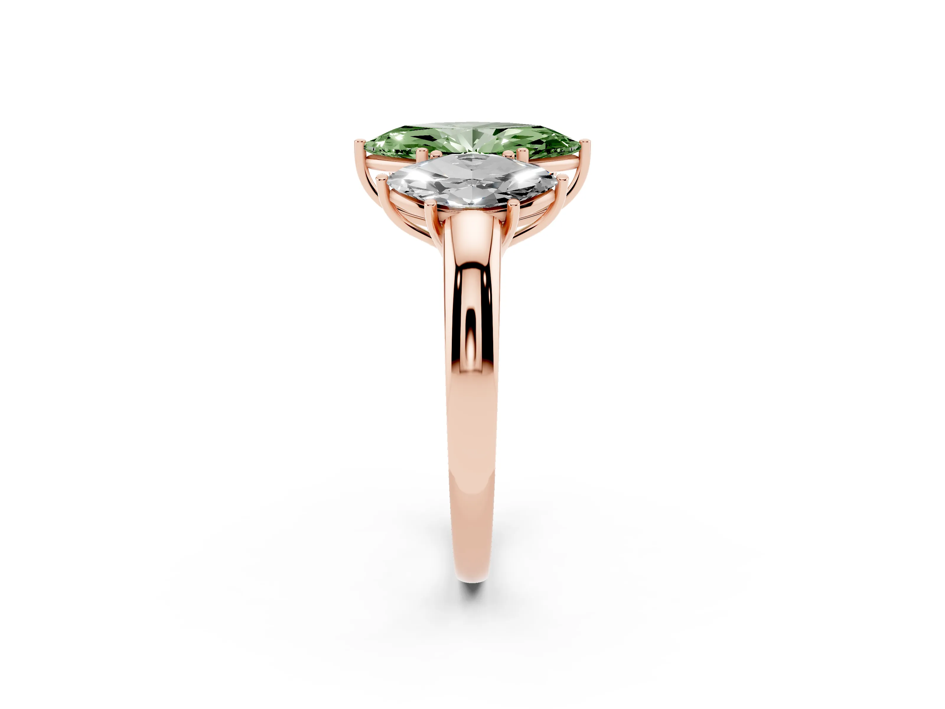 Fancy Green Marquise Cut Diamond Three-Stone Ring Set in Rose gold with Bold Center and Classic Band