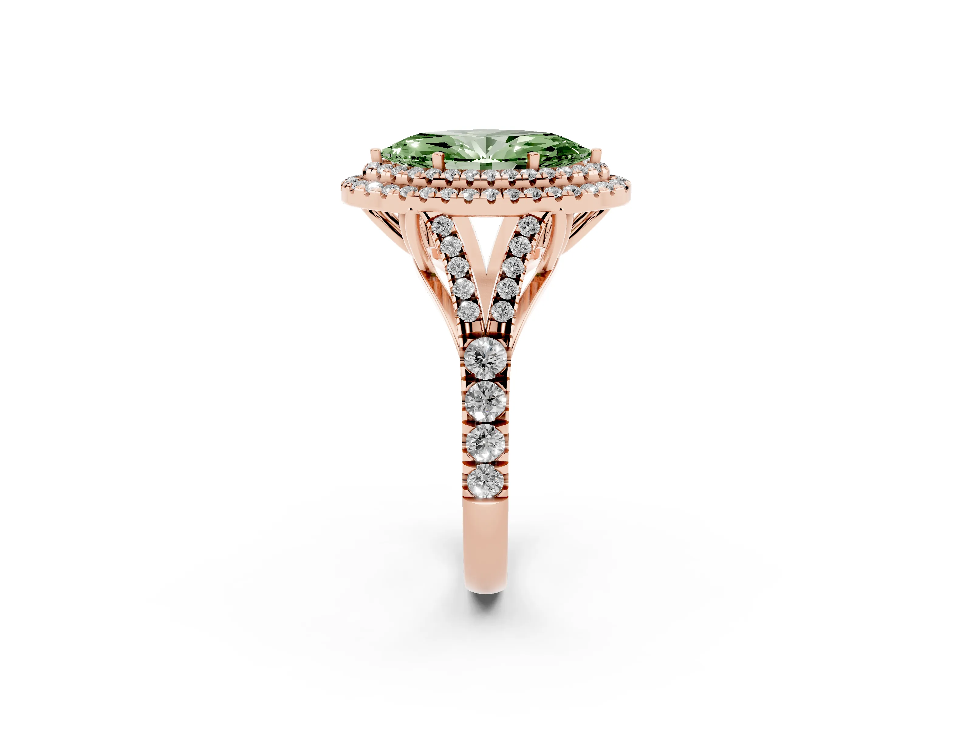 Fancy Green Marquise Cut Diamond Pavé Split Shank Double Halo Engagement Ring Set in Rose gold