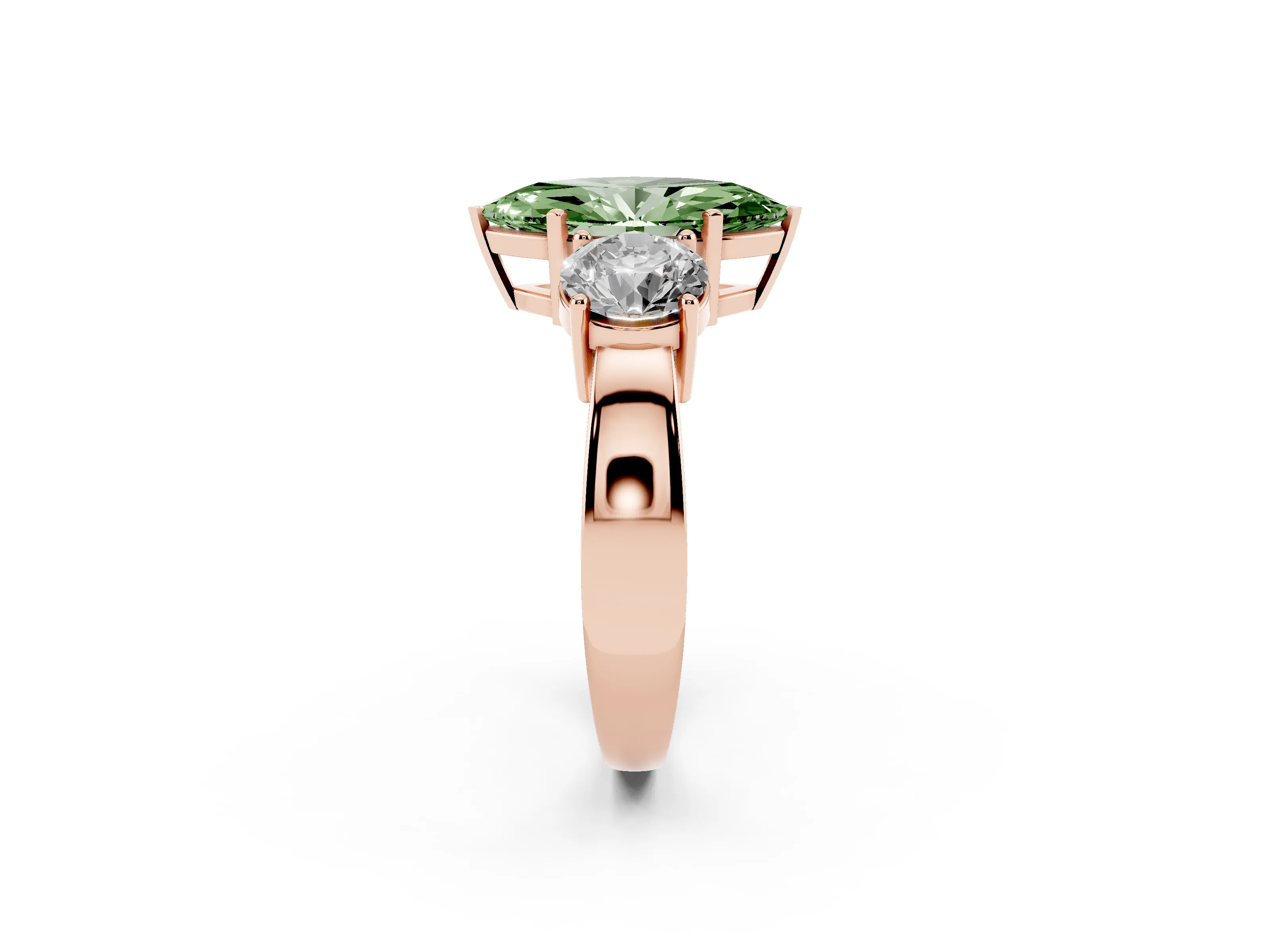 Fancy Green Marquise Cut Diamond Three-Stone Ring Set in Rose gold with Round Side Stones and Classic Band