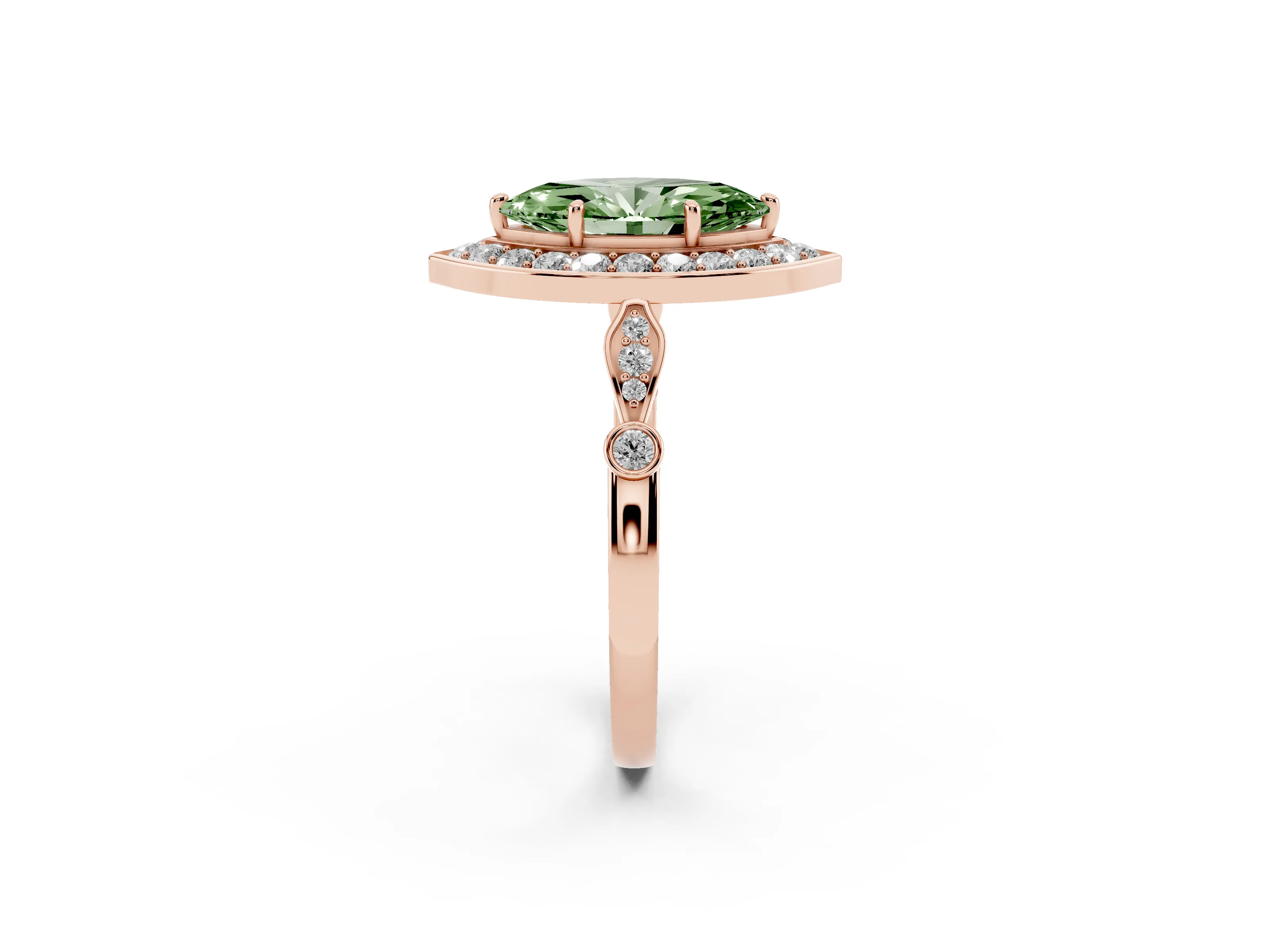 Fancy Green Marquise Cut Diamond Halo Engagement Ring Set in Rose gold with Twisted Band and Prong Setting