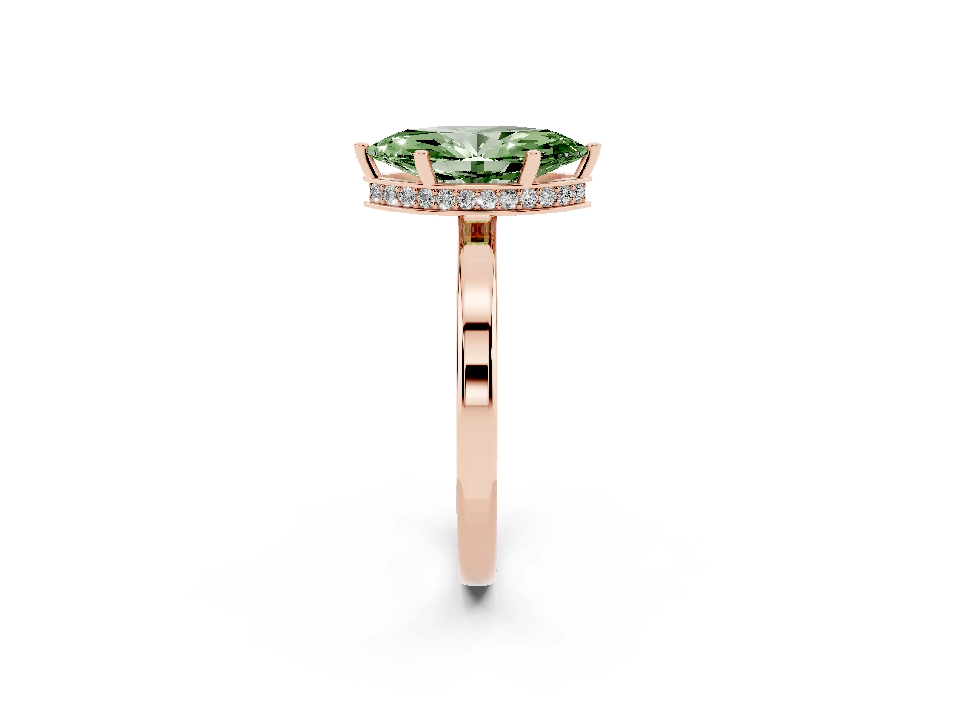 Fancy Green Marquise Cut Diamond Solitaire Engagement Ring Set in Rose gold with Prong Setting on a Plain Band
