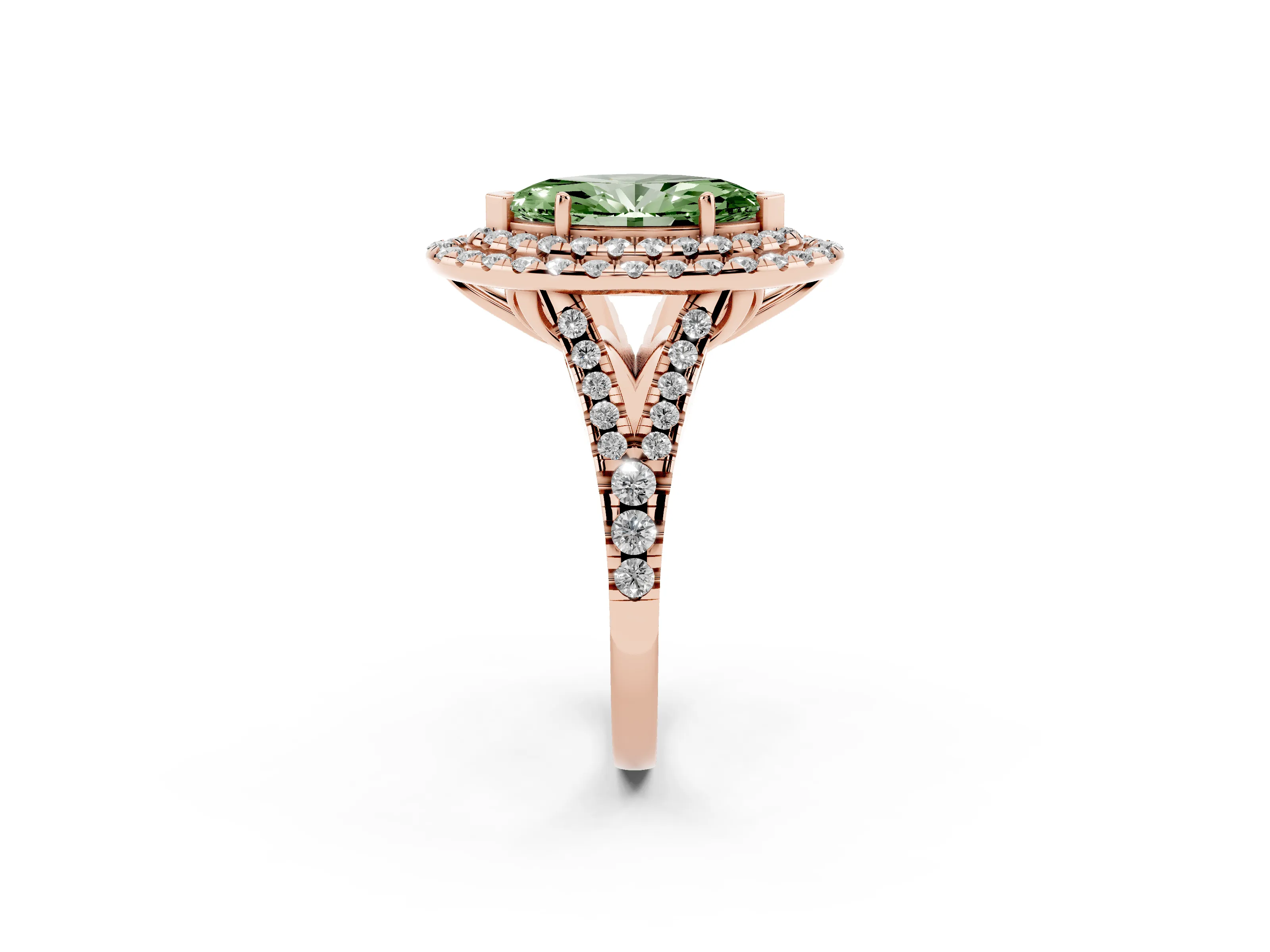 Fancy Green Marquise Cut Diamond Double Halo Ring Set in Rose gold with Pavé Split Shank and Prong Setting