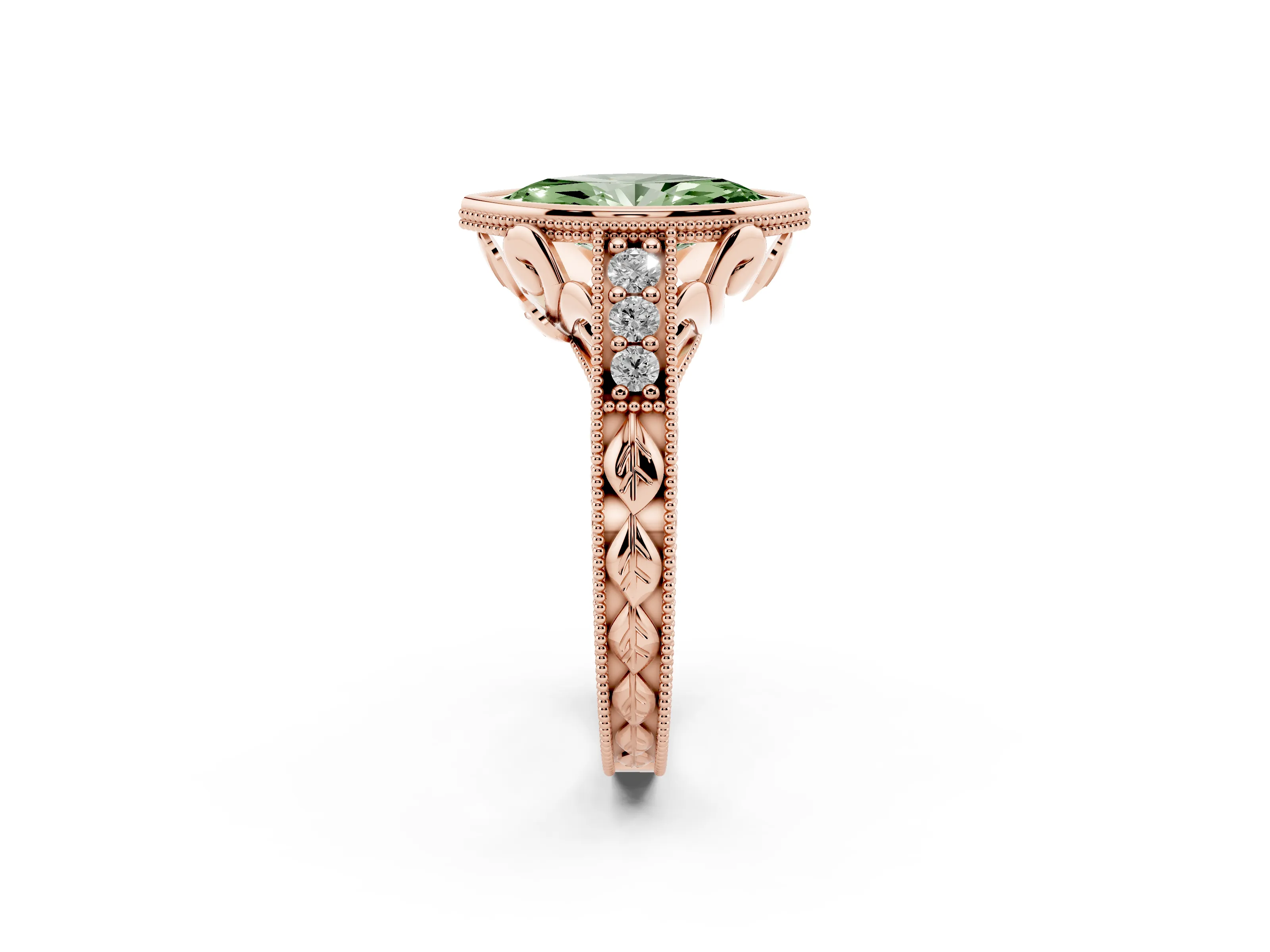 Fancy Green Bezel Set Marquise Cut Diamond Milgrain Pavé Engagement Ring Set in Rose gold