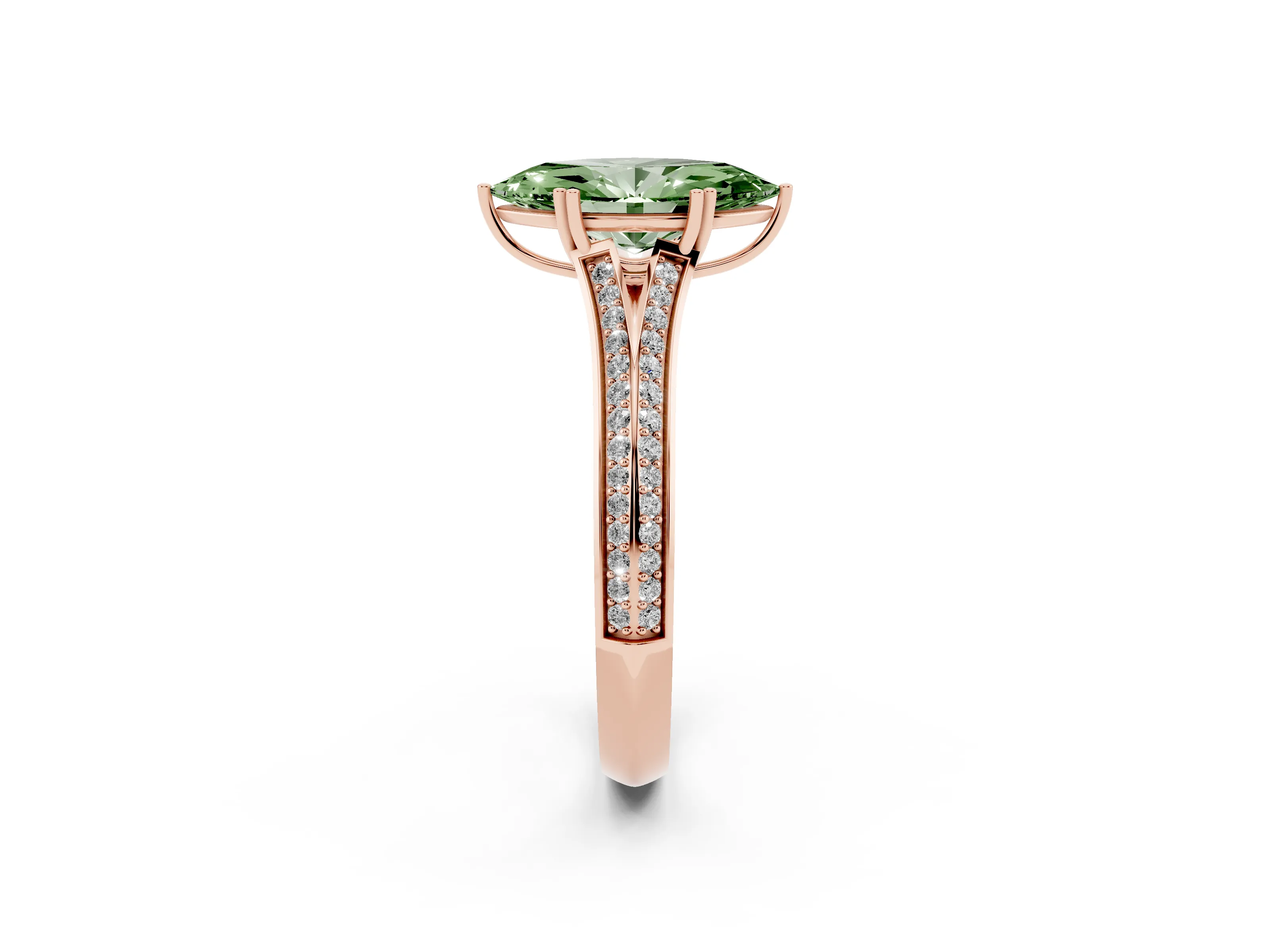 Fancy Green Marquise Cut Diamond Split Shank Pavé Engagement Ring Set in Rose gold with Prong-Set Center Stone