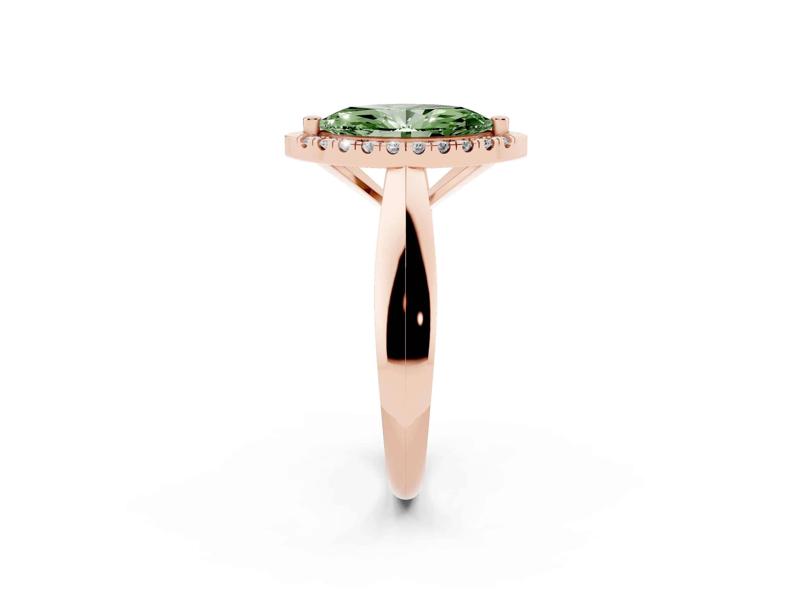 Fancy Green Marquise Cut Diamond Halo Solitaire Engagement Ring Set in Rose gold with Square Band and Prong Setting