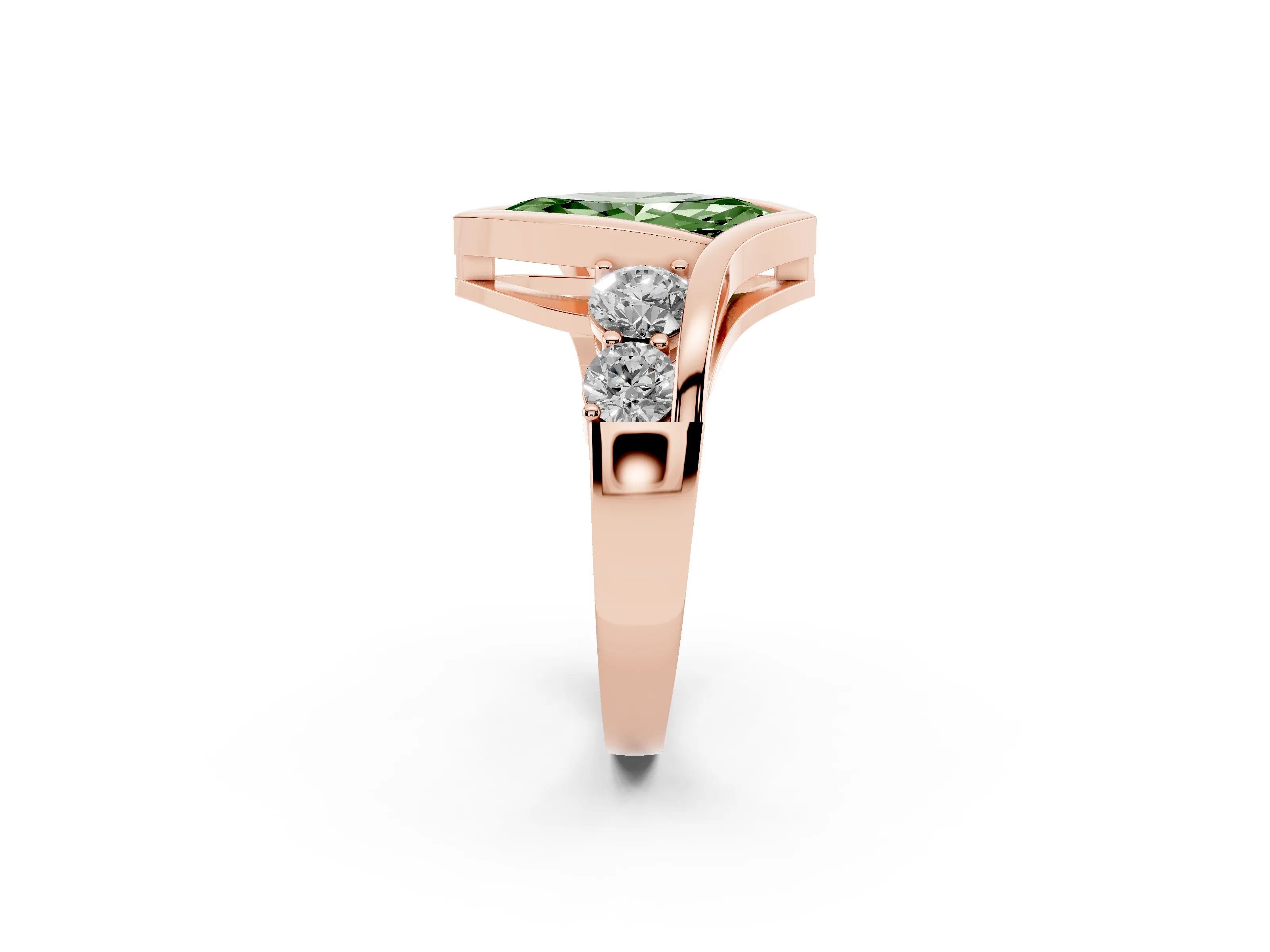 Fancy Green Marquise Cut Diamond Bezel Bypass Ring Set in Rose gold with Round Accents