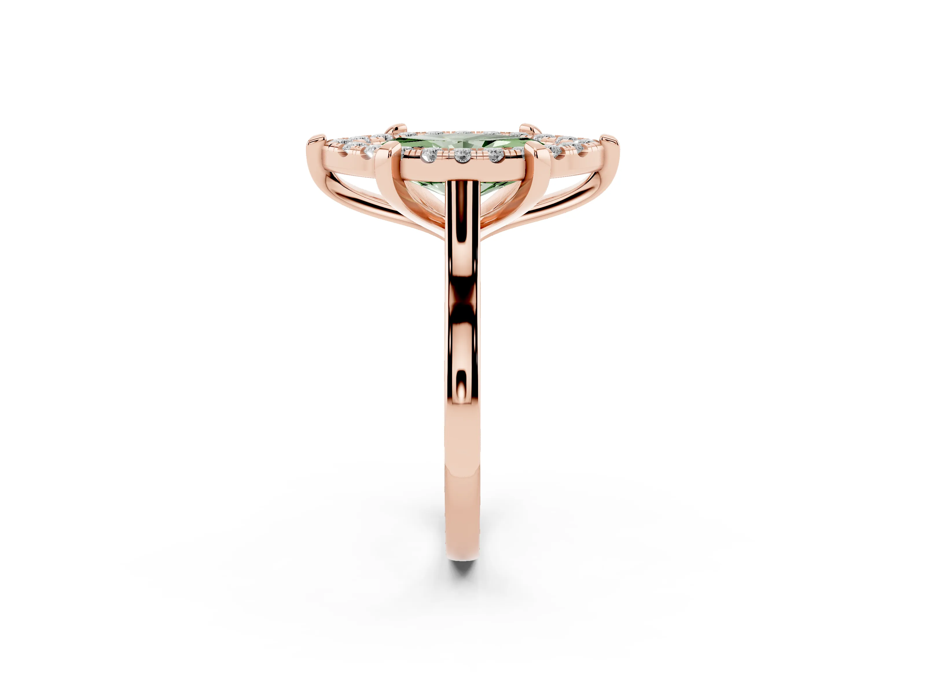 Fancy Green Marquise Cut Diamond Cluster Halo Solitaire Ring Set in Rose gold with Prong Setting