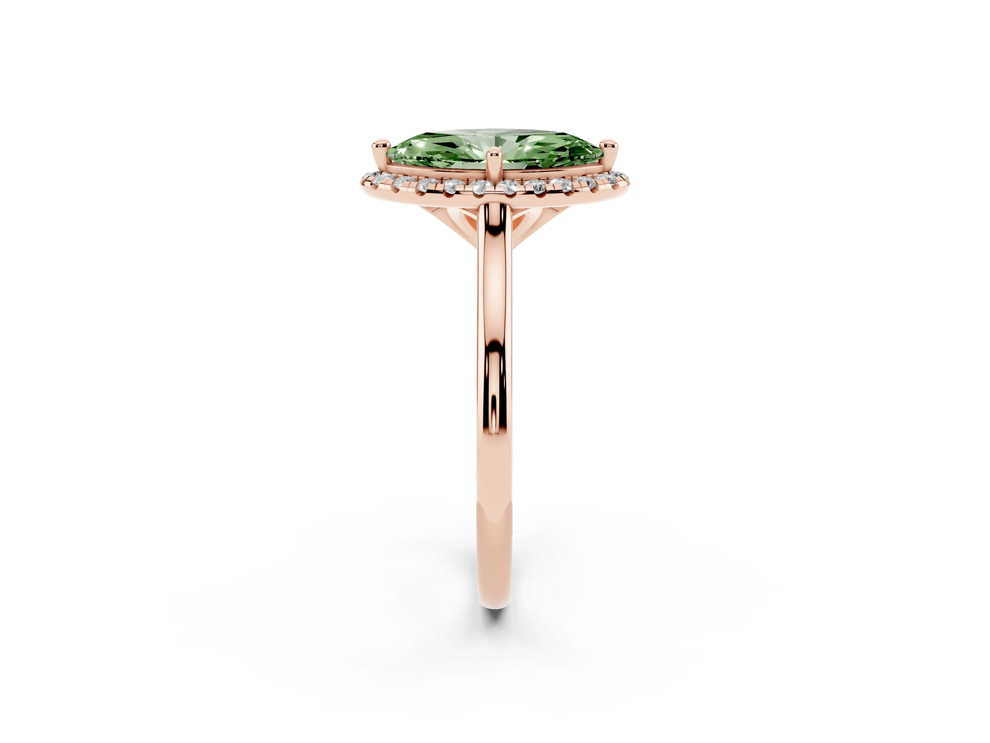 Fancy Green Marquise Cut Diamond Halo Engagement Ring Set in Rose gold with Pavé Band and Rising Shoulders