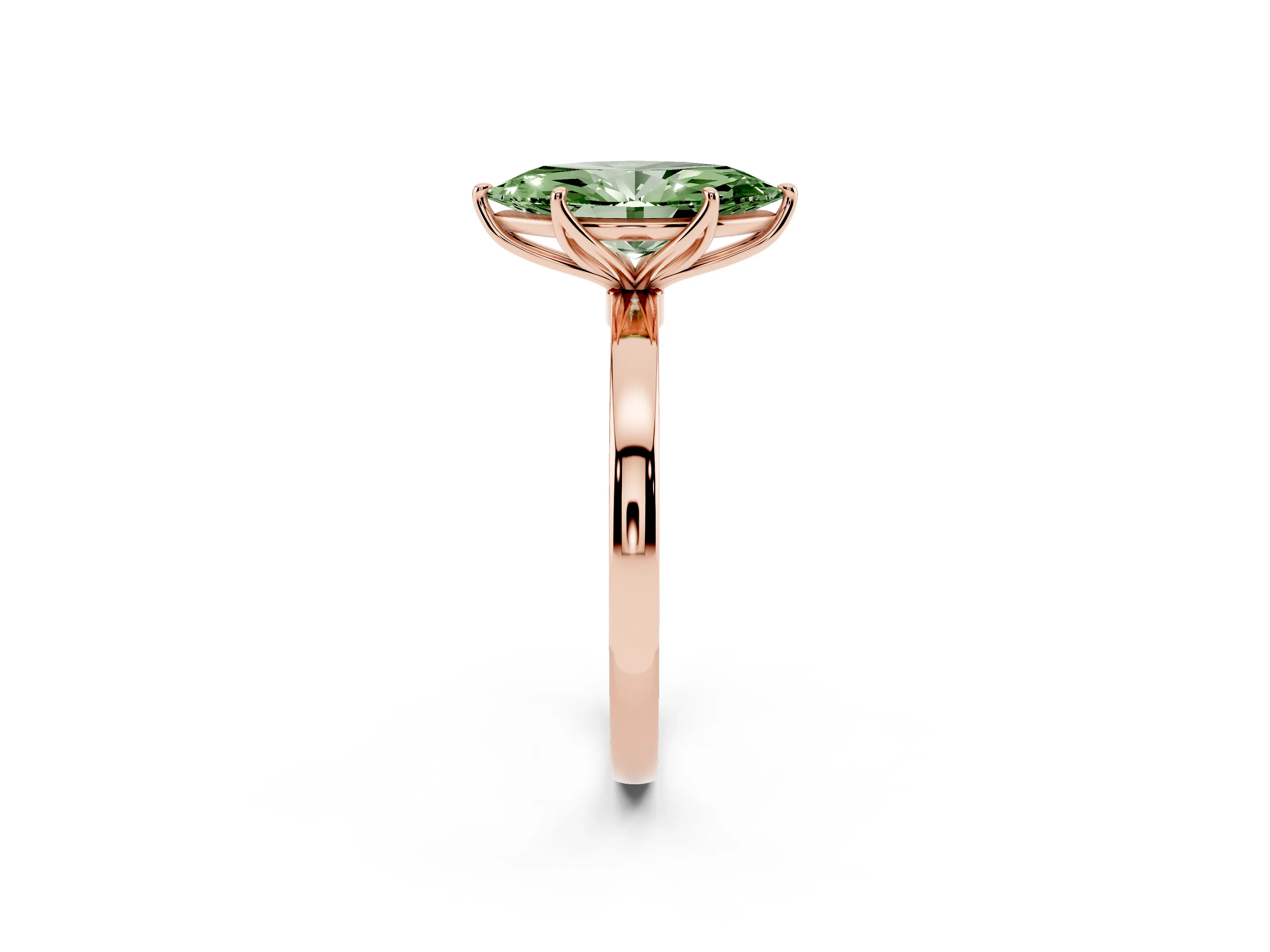 Fancy Green Marquise Cut Diamond Solitaire Ring Set in Rose gold with Prong Setting and Thin Polished Band