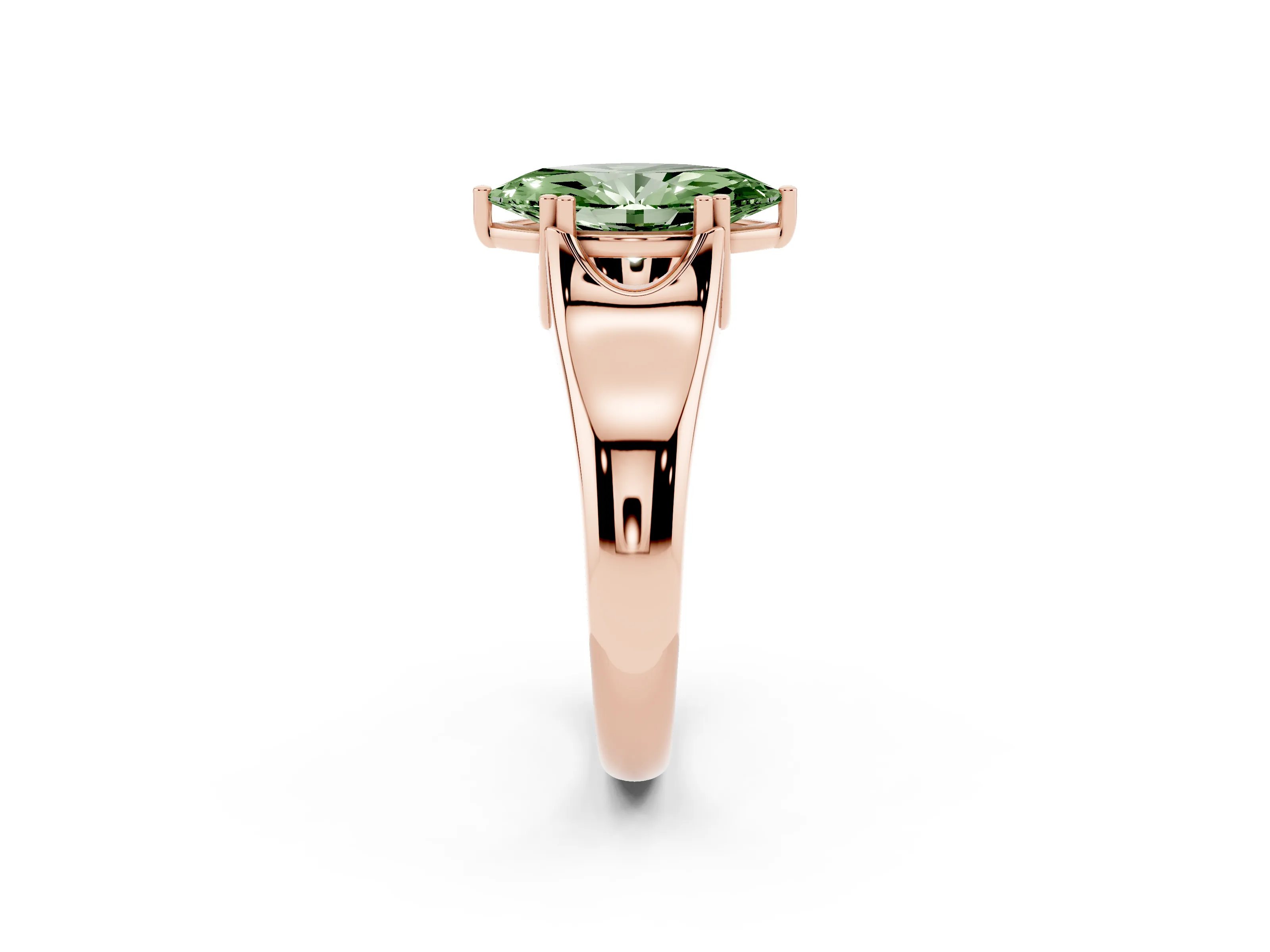Fancy Green Marquise Cut Diamond Solitaire Ring Set in Rose gold with Wide Band and Prong Setting