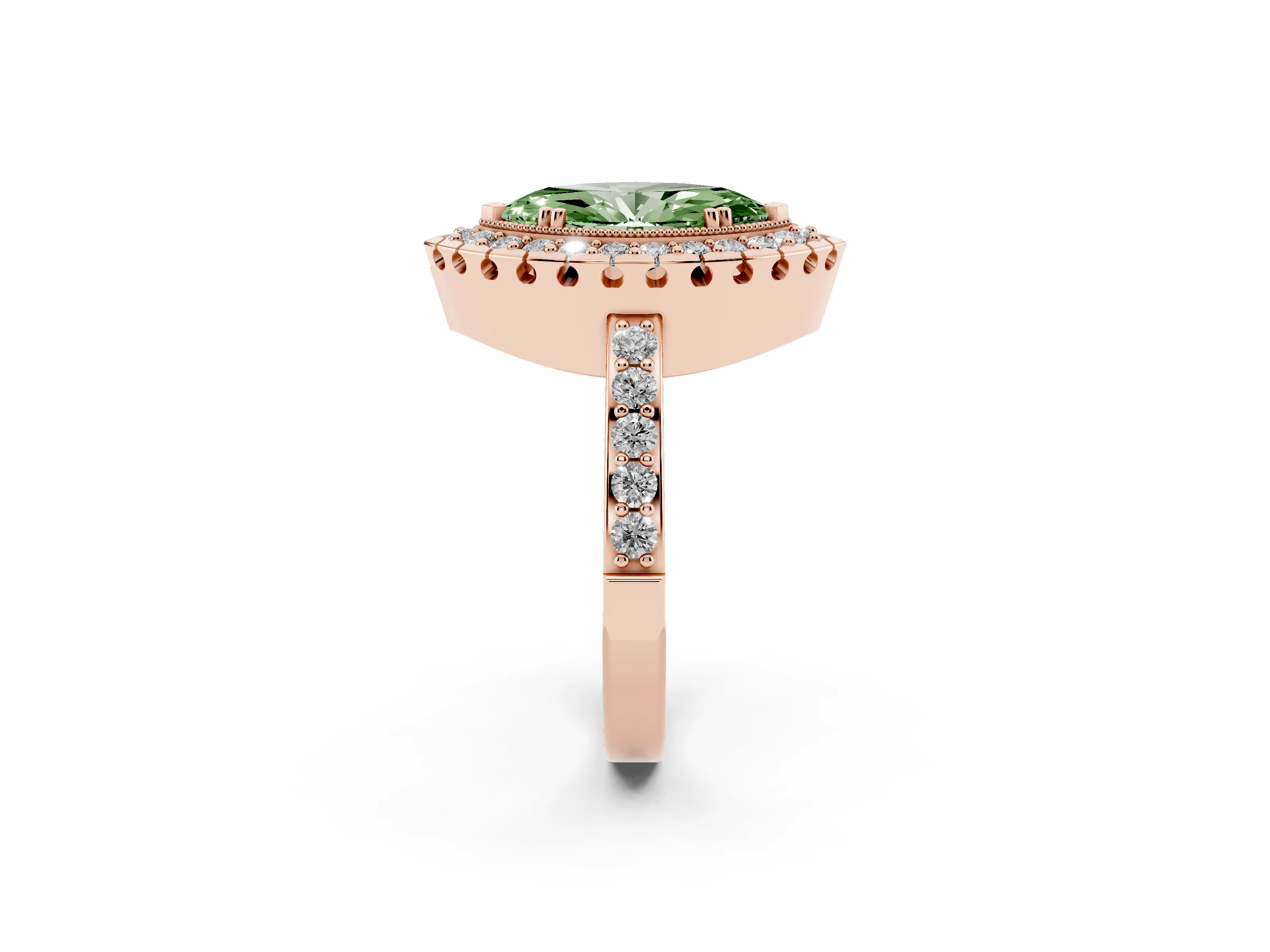 Fancy Green Marquise Cut Diamond Halo Ring Set in Rose gold with Pavé Shank and Prong Setting