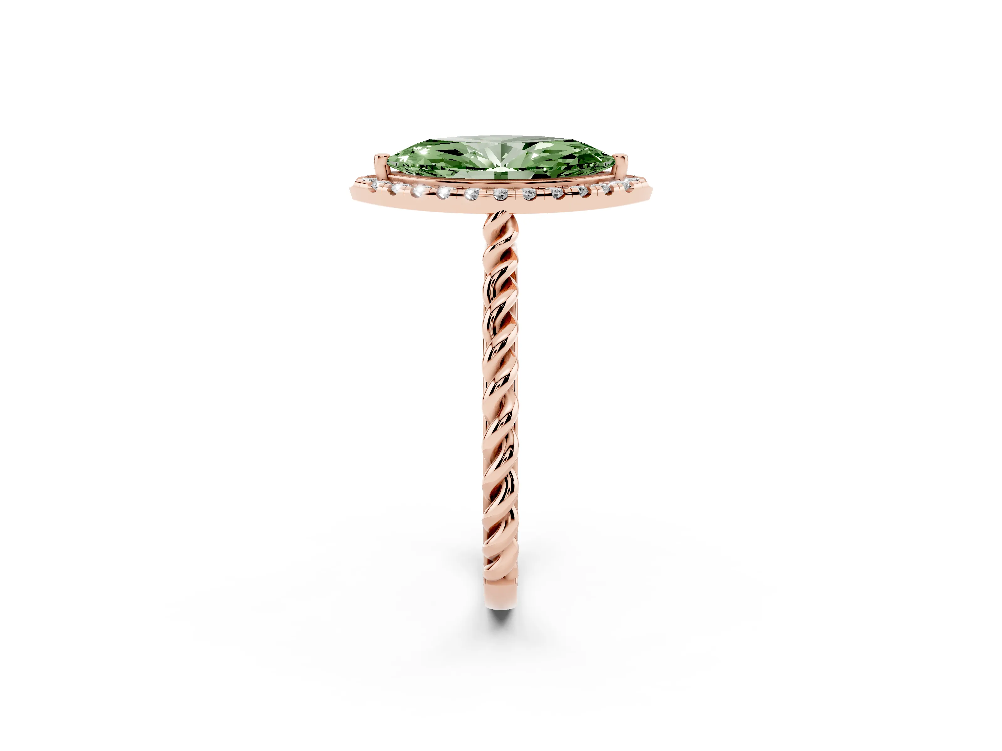 Fancy Green Marquise Cut Diamond Halo Ring Set in Rose gold with Plain Twisted Band