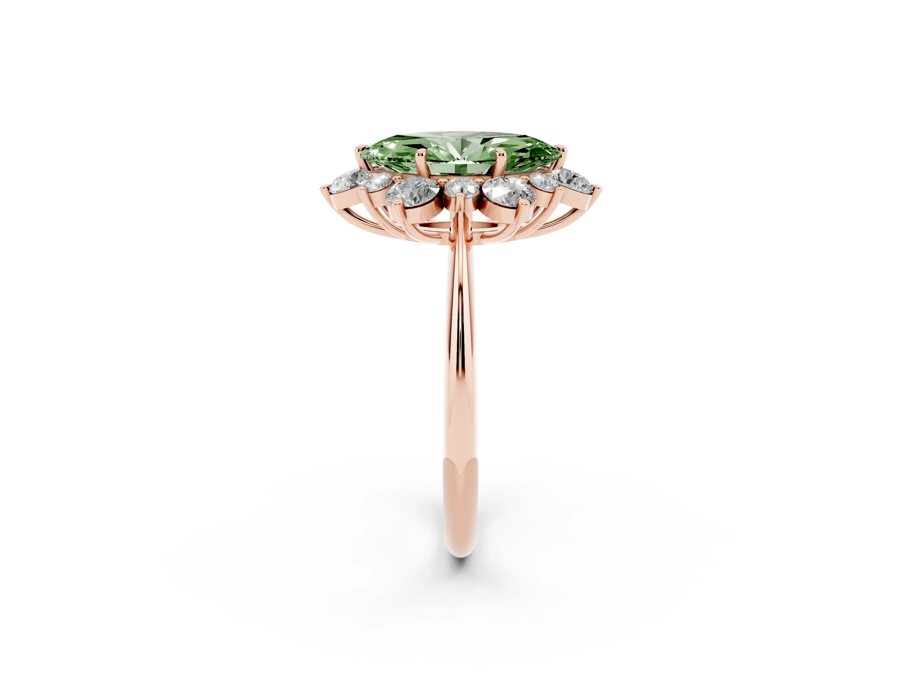 Fancy Green Marquise Cut Diamond Cluster Halo Ring Set in Rose gold with Solitaire Band and Prong Setting