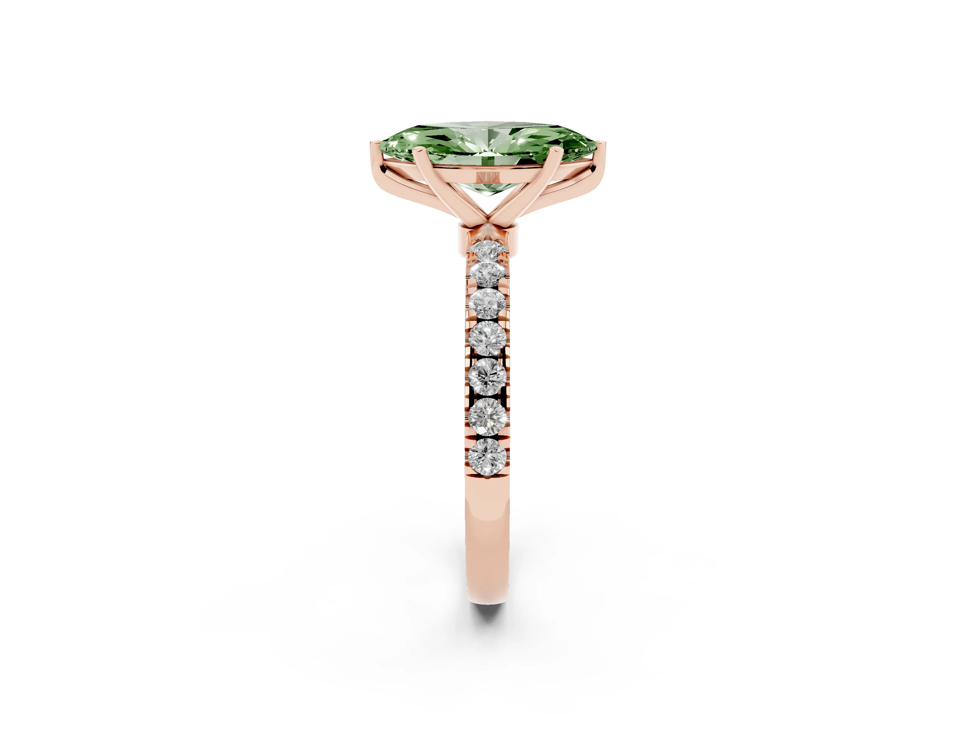 Fancy Green Marquise Cut Diamond Solitaire Ring Set in Rose gold with Pavé Accents and Prong Setting
