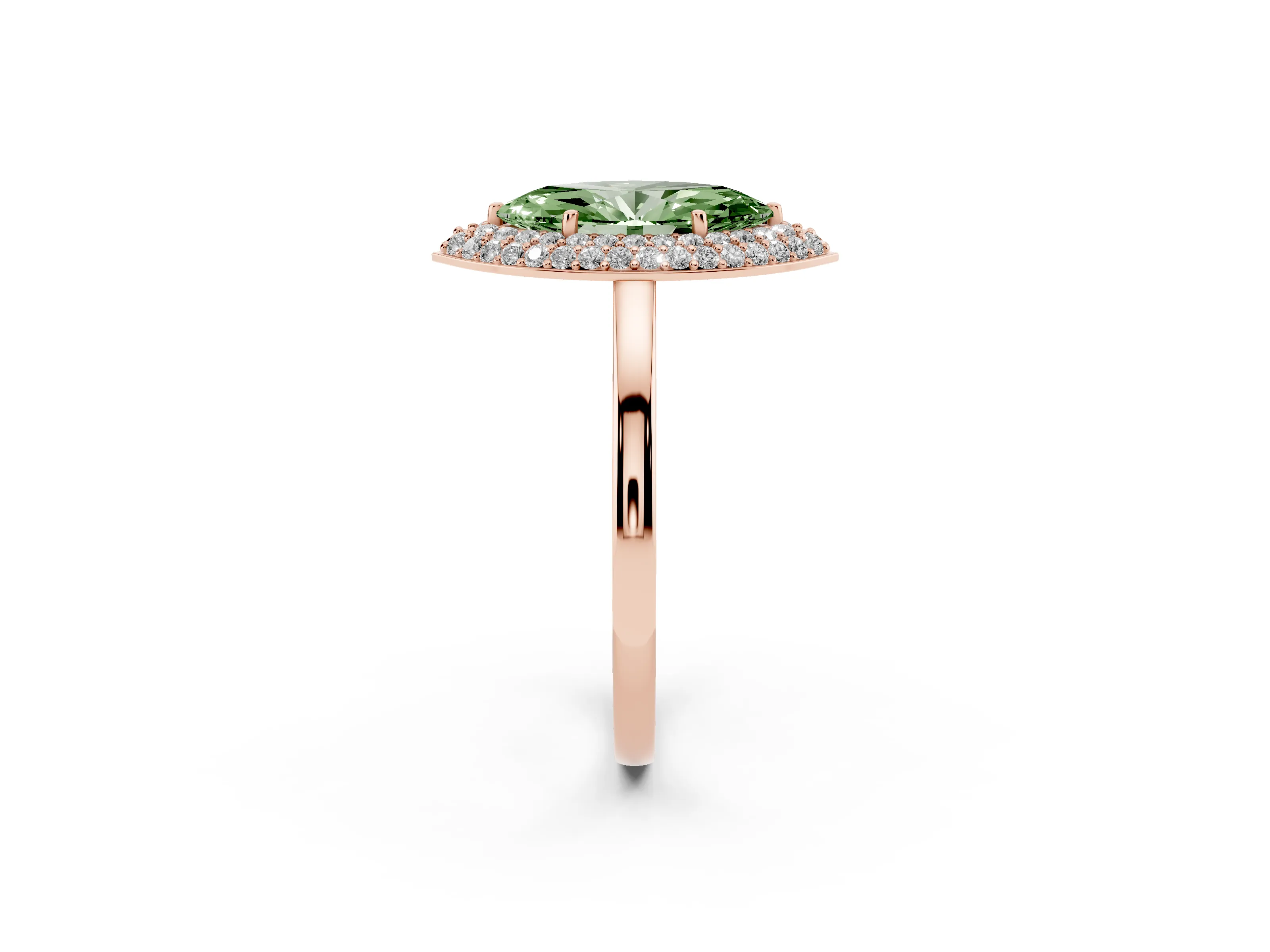 Fancy Green Marquise Cut Diamond Halo Engagement Ring Set in Rose gold with Solitaire Band and Prong Setting