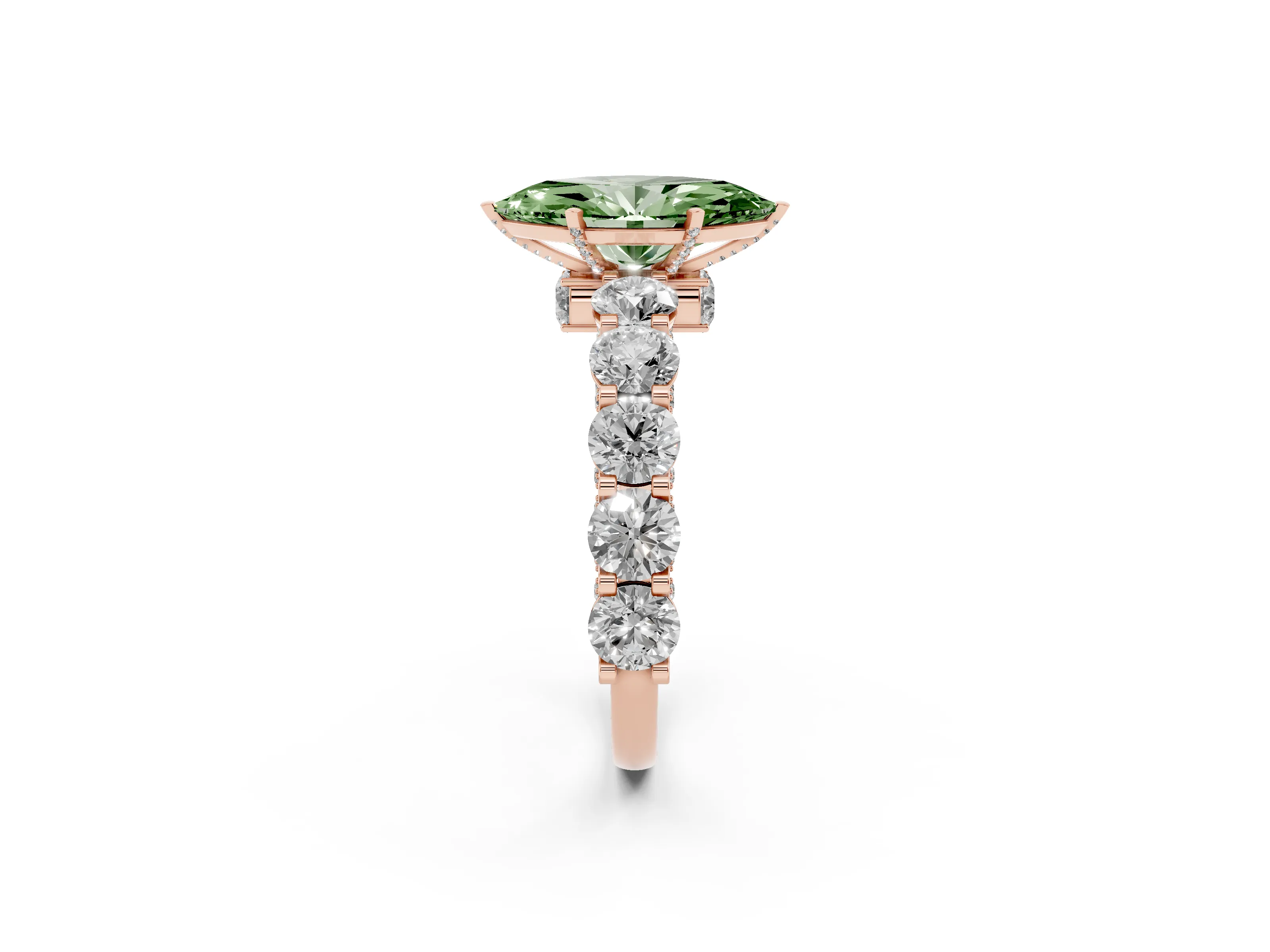 Fancy Green Marquise Cut Diamond Side Stone Ring Set in Rose gold with Alternating Round and Oval Side Stones