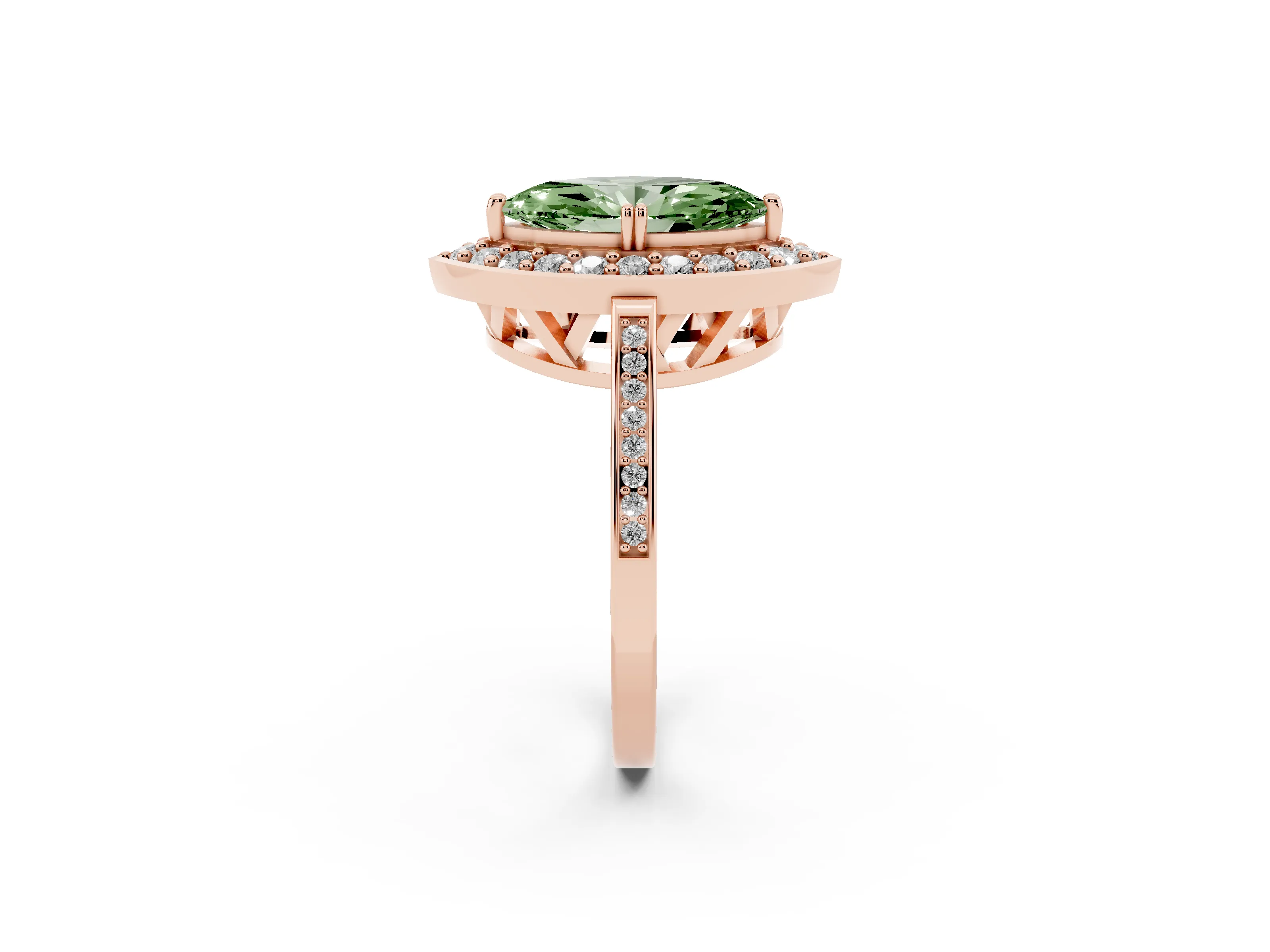Fancy Green Marquise Cut Diamond Halo Ring Set in Rose gold with Accent-Lined Split Shank and Prong Setting