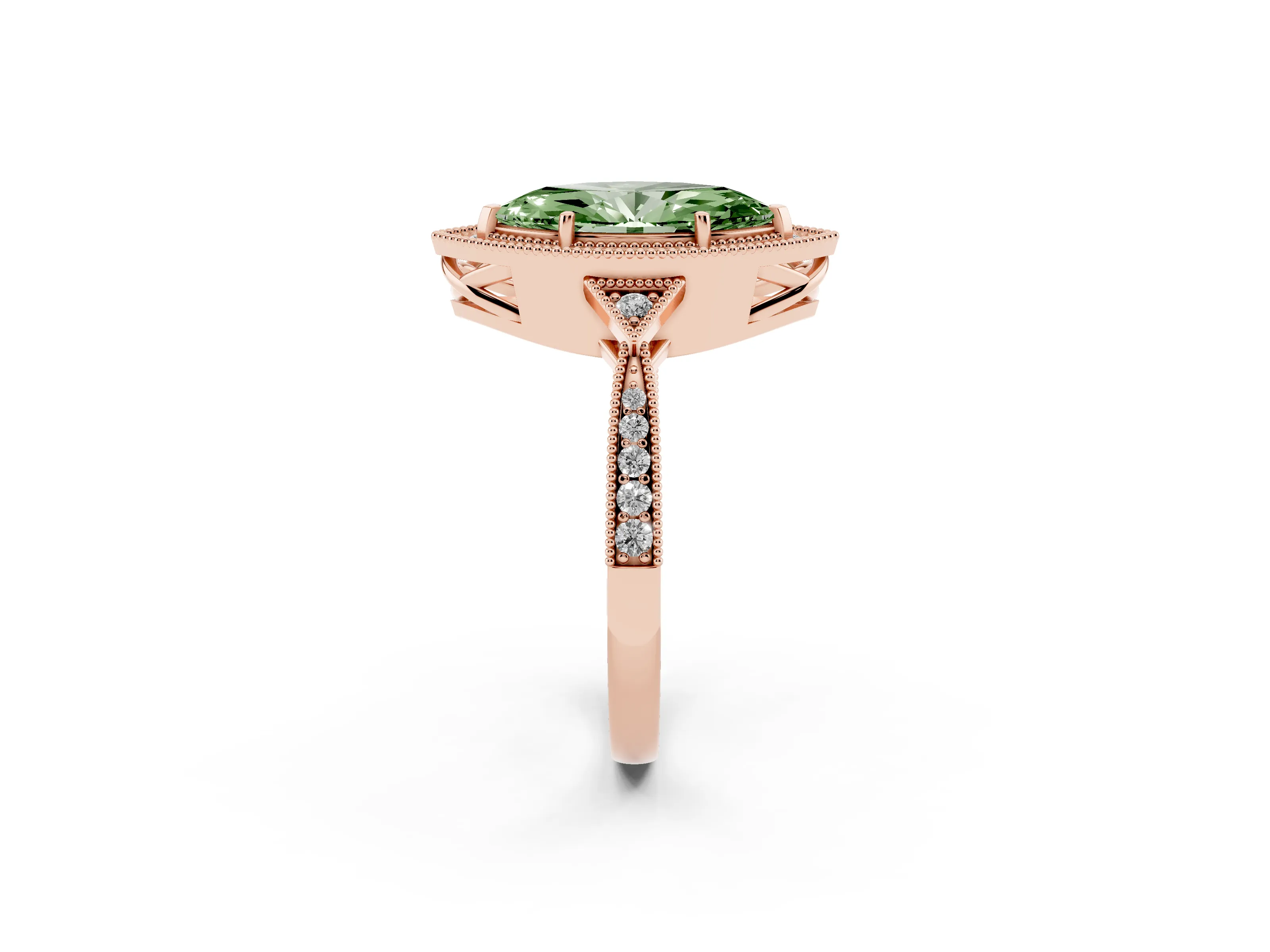 Fancy Green Marquise Cut Diamond Halo Engagement Ring Set in Rose gold with Milgrain Pavé Band