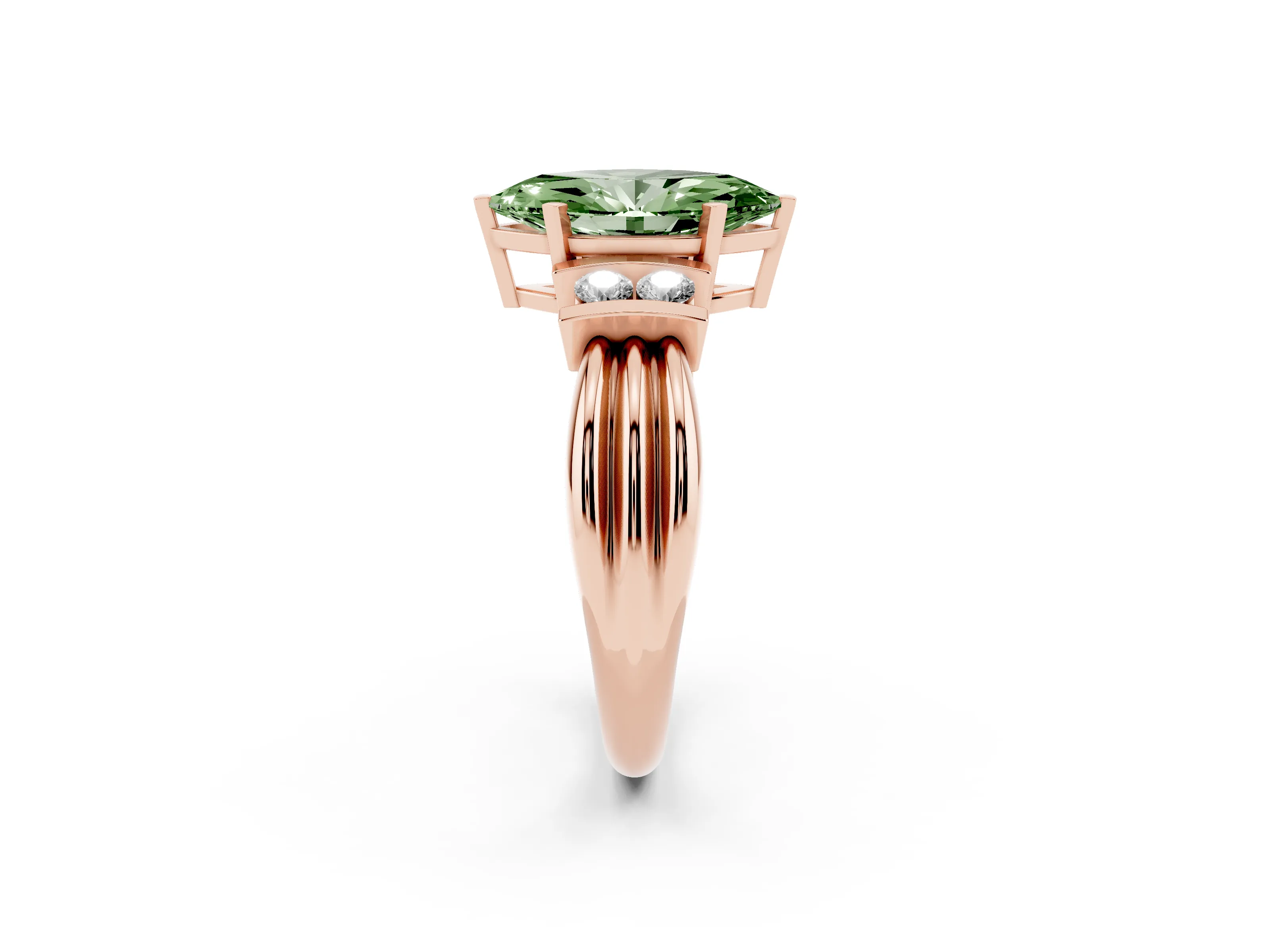 Fancy Green Three-Stone Marquise Cut Diamond Channel Set Ring Set in Rose gold with Bar Prongs