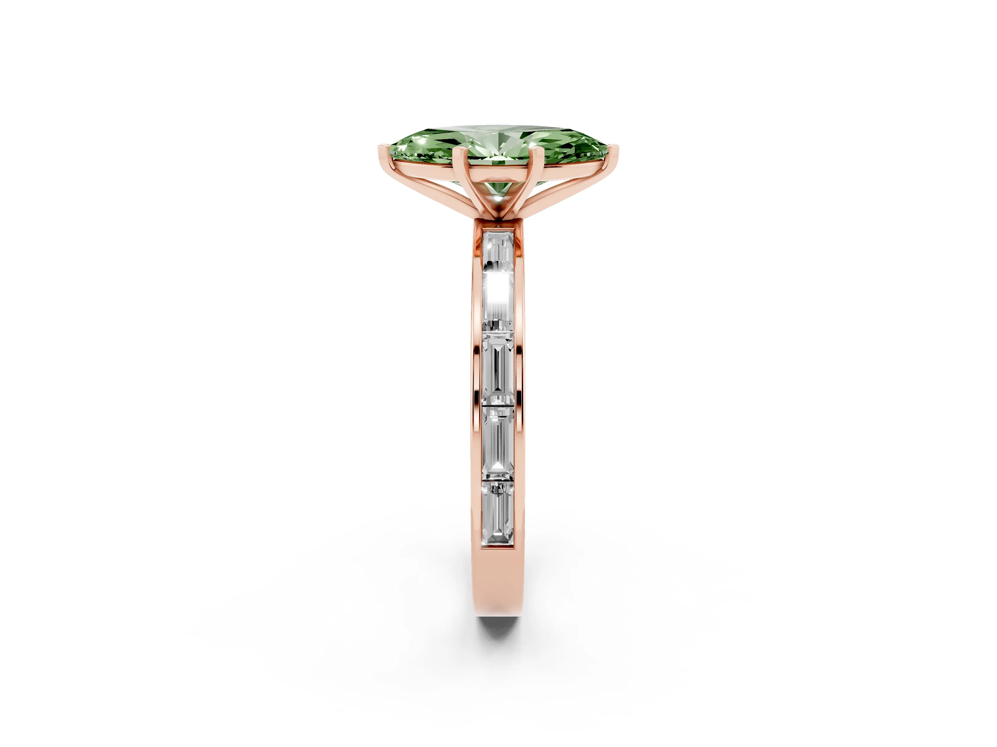 Fancy Green Marquise Cut Diamond Solitaire Ring Set in Rose gold with Channel-Set Baguette Band and Prong Setting