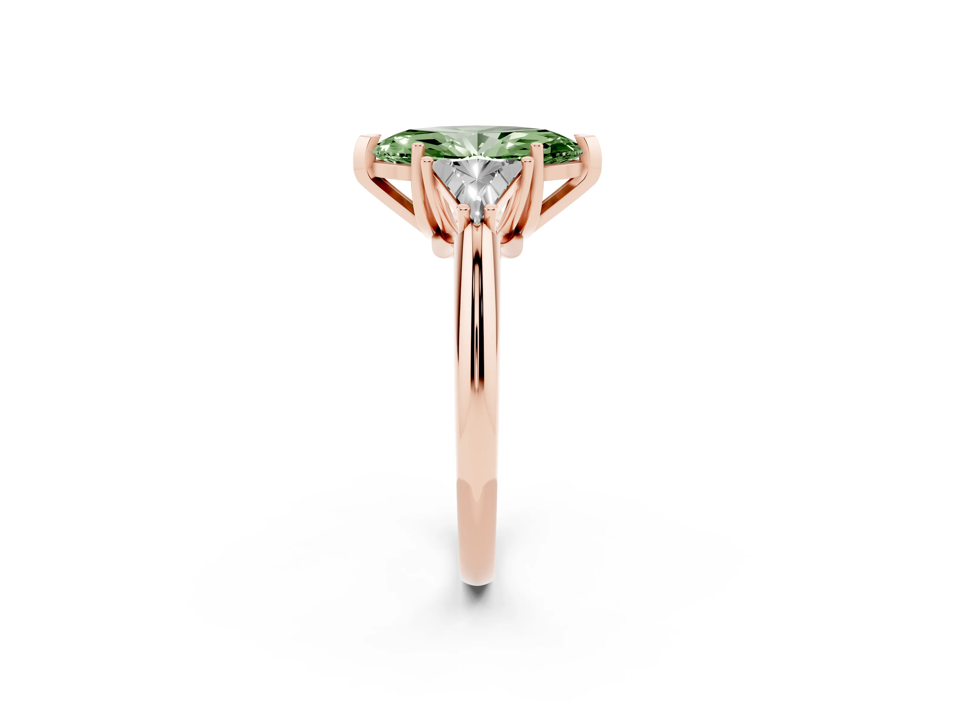 Fancy Green Marquise Cut Diamond Three-Stone Engagement Ring Set in Rose gold with Trillion Side Stones