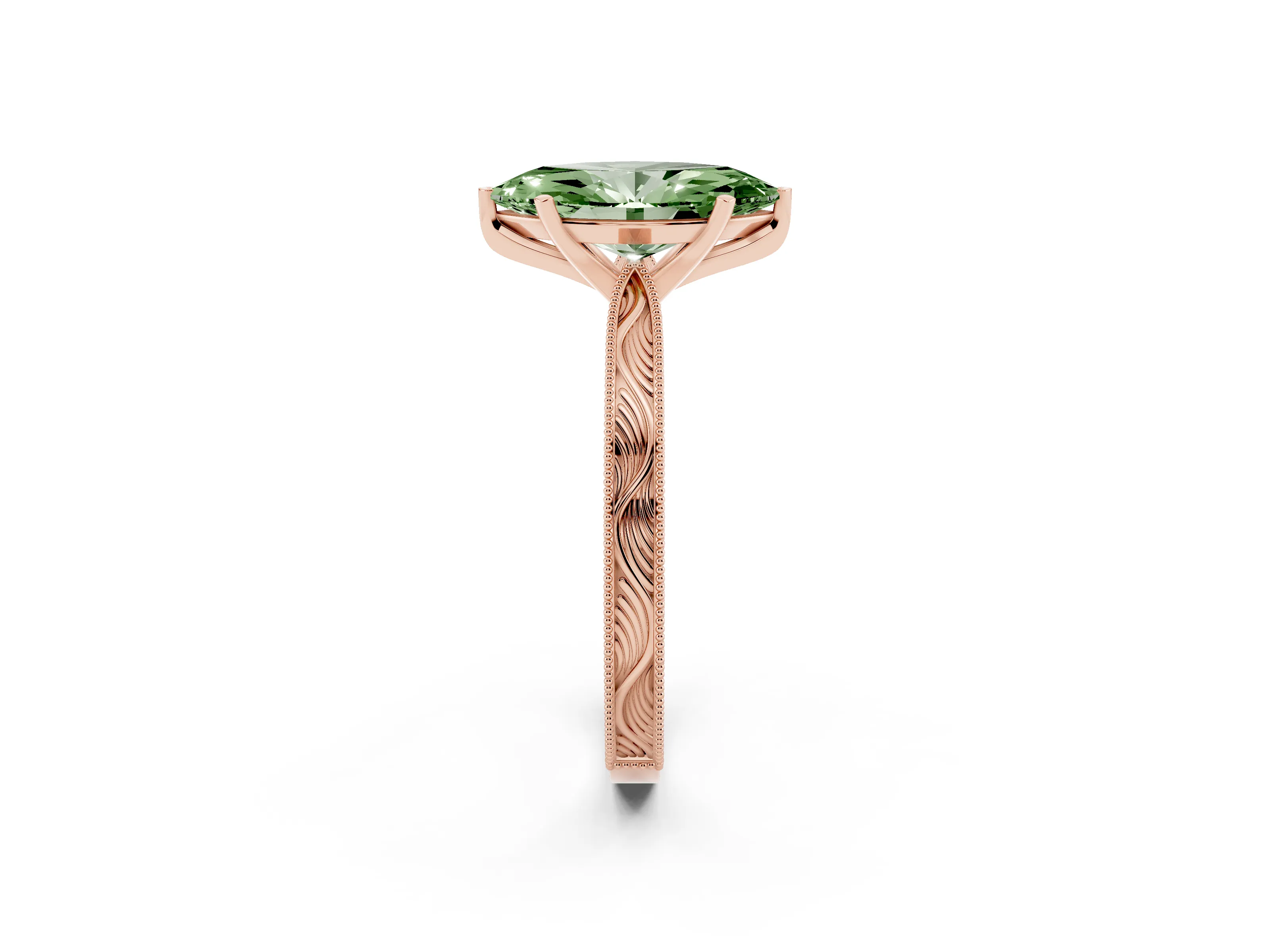 Fancy Green Marquise Cut Diamond Solitaire Milgrain Engraved Band Set in Rose gold with Prong Setting