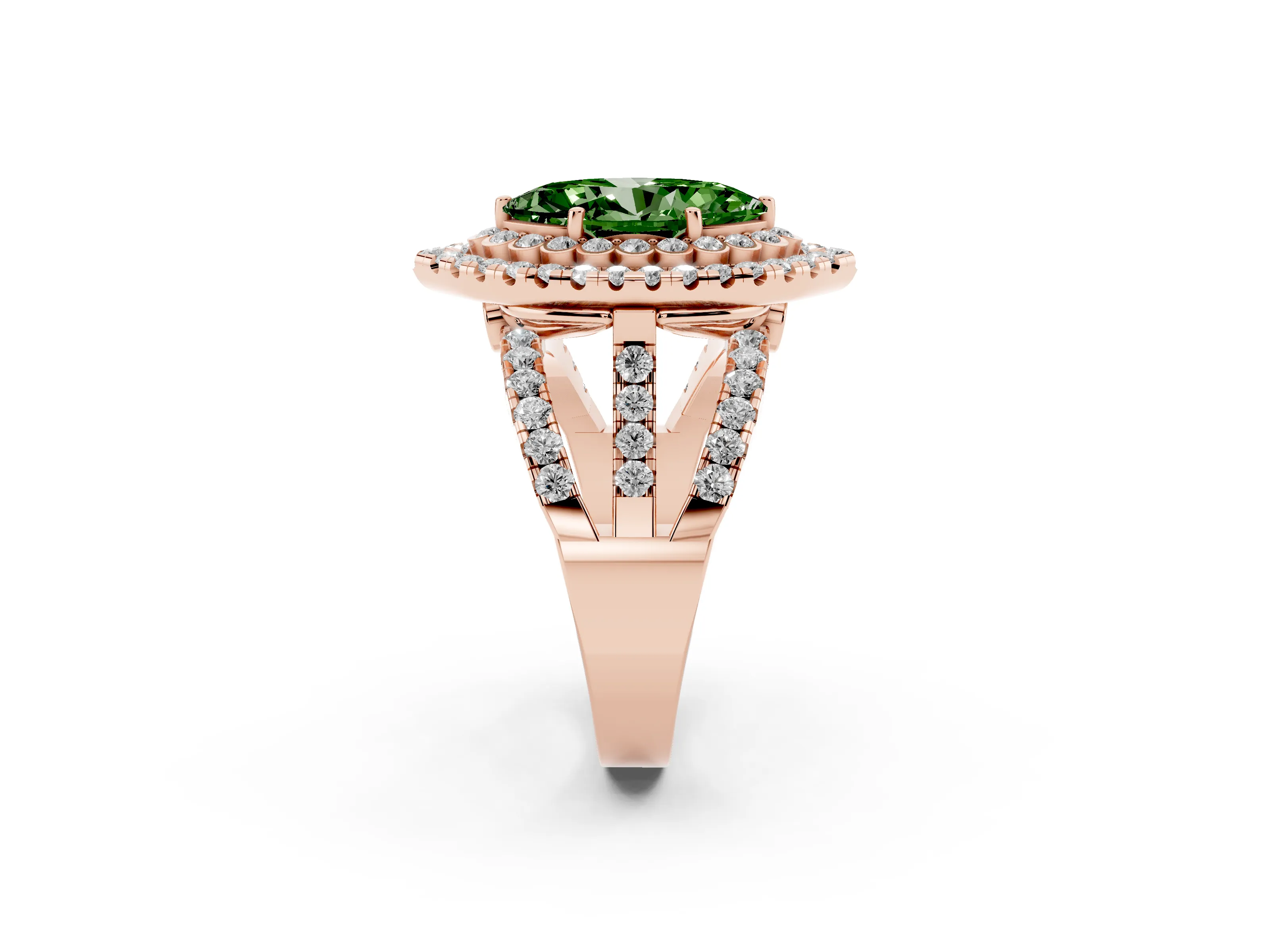 Fancy Green Marquise Cut Diamond Double Halo Ring Set in Rose gold with Round Pavé Split Shank