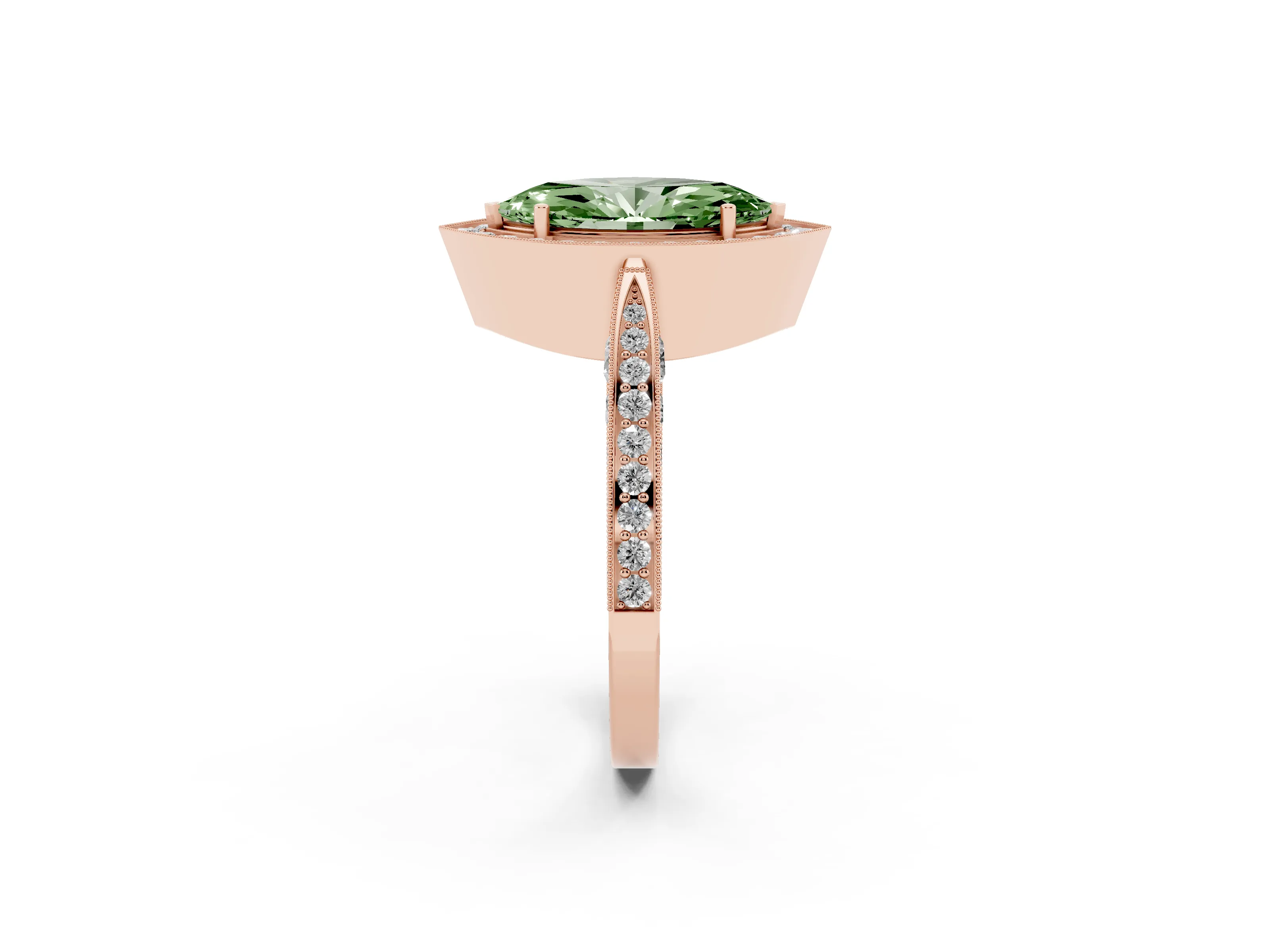 Fancy Green Marquise Cut Diamond Halo Engagement Ring Set in Rose gold with Accent Split Shank Band