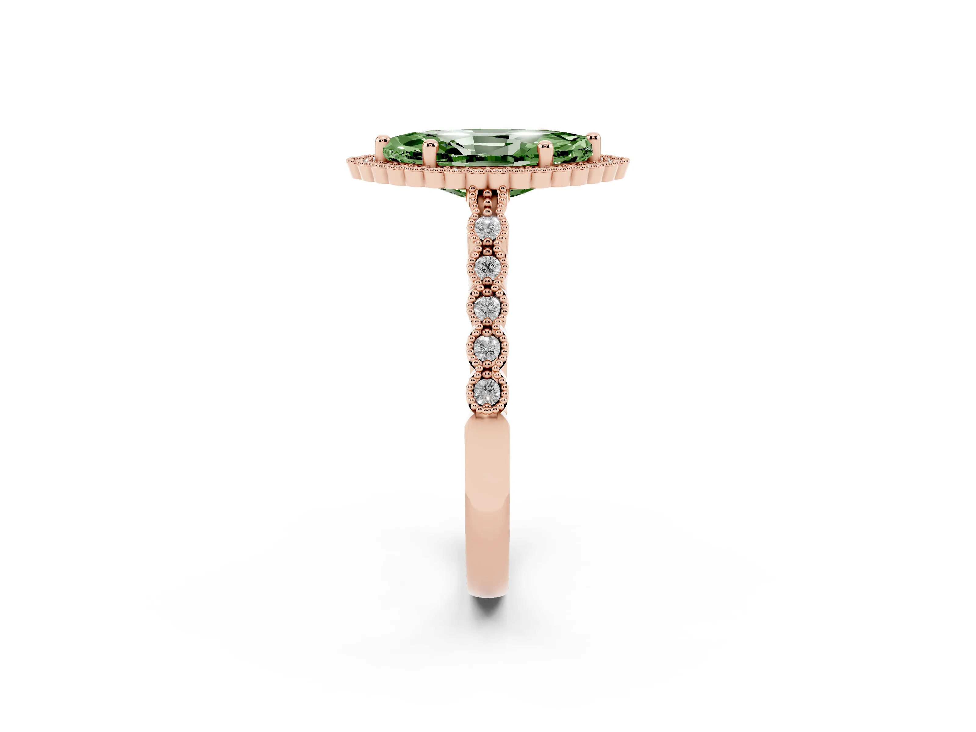 Fancy Green Marquise Cut Diamond Halo Ring Set in Rose gold with Pavé Milgrain Band