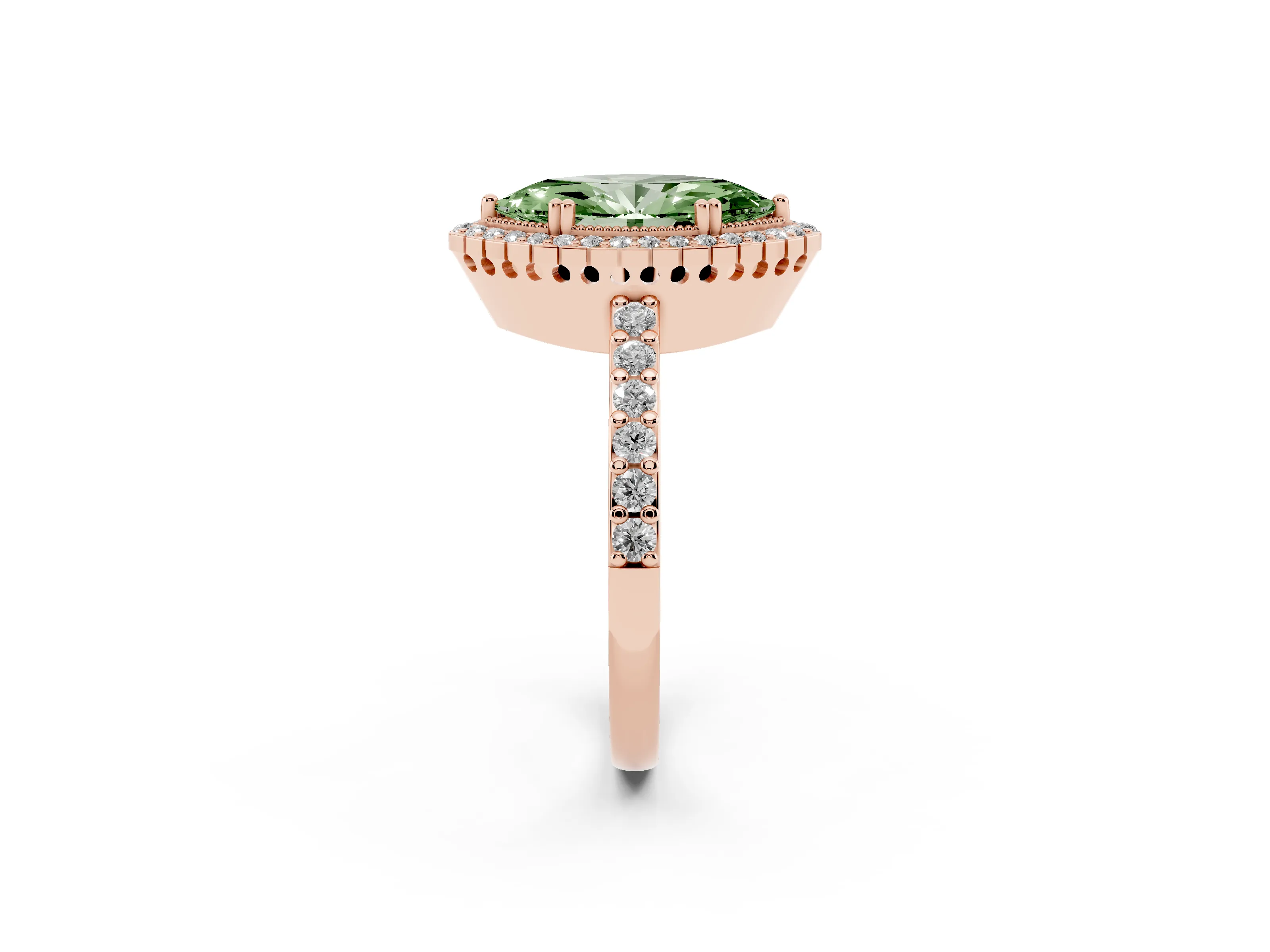 Fancy Green Marquise Cut Diamond Halo Engagement Ring Set in Rose gold with Milgrain Detail and Pavé Band