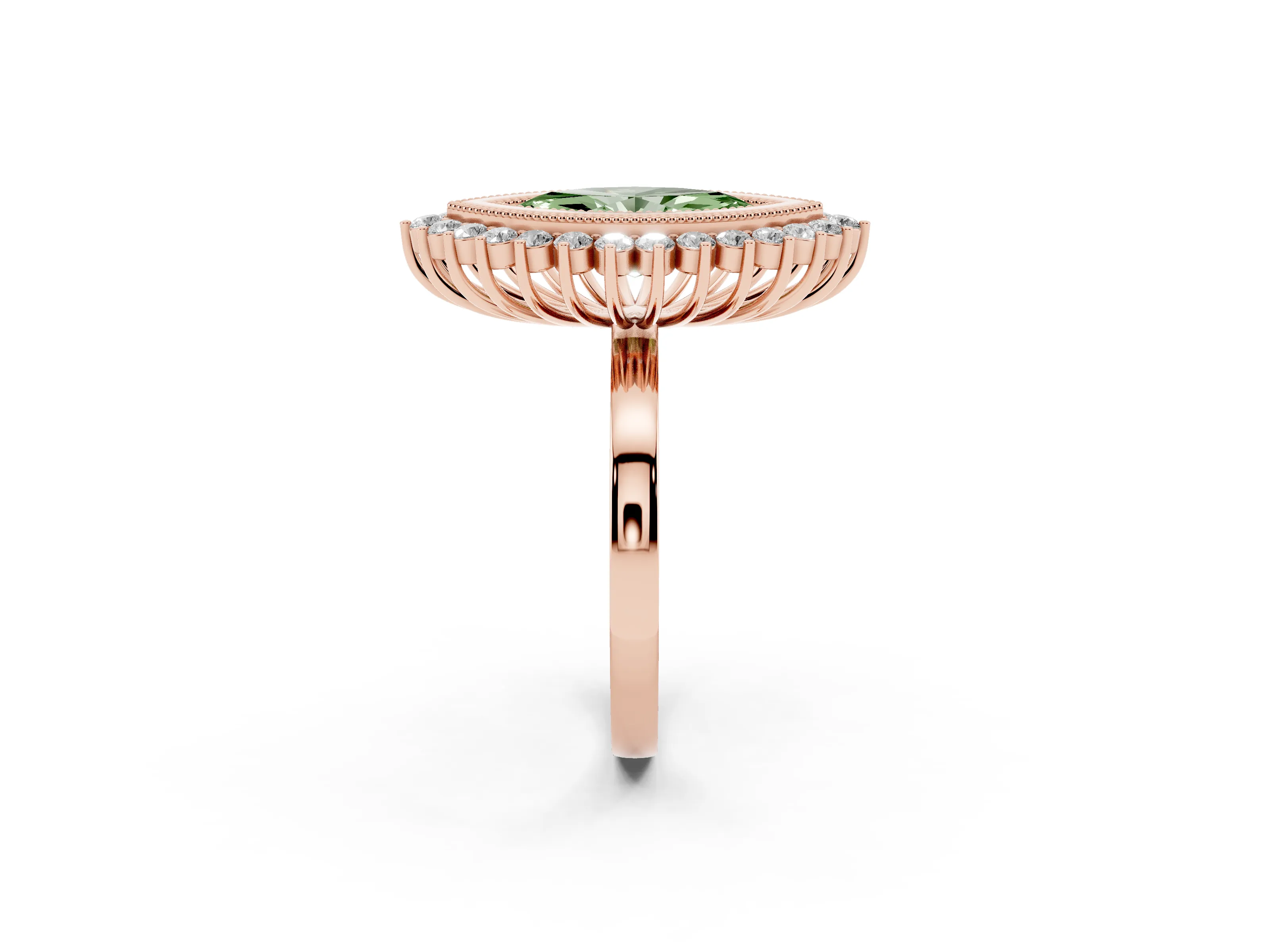 Fancy Green Marquise Cut Diamond Halo Ring Set in Rose gold with Milgrain Edge and Round Prong Setting