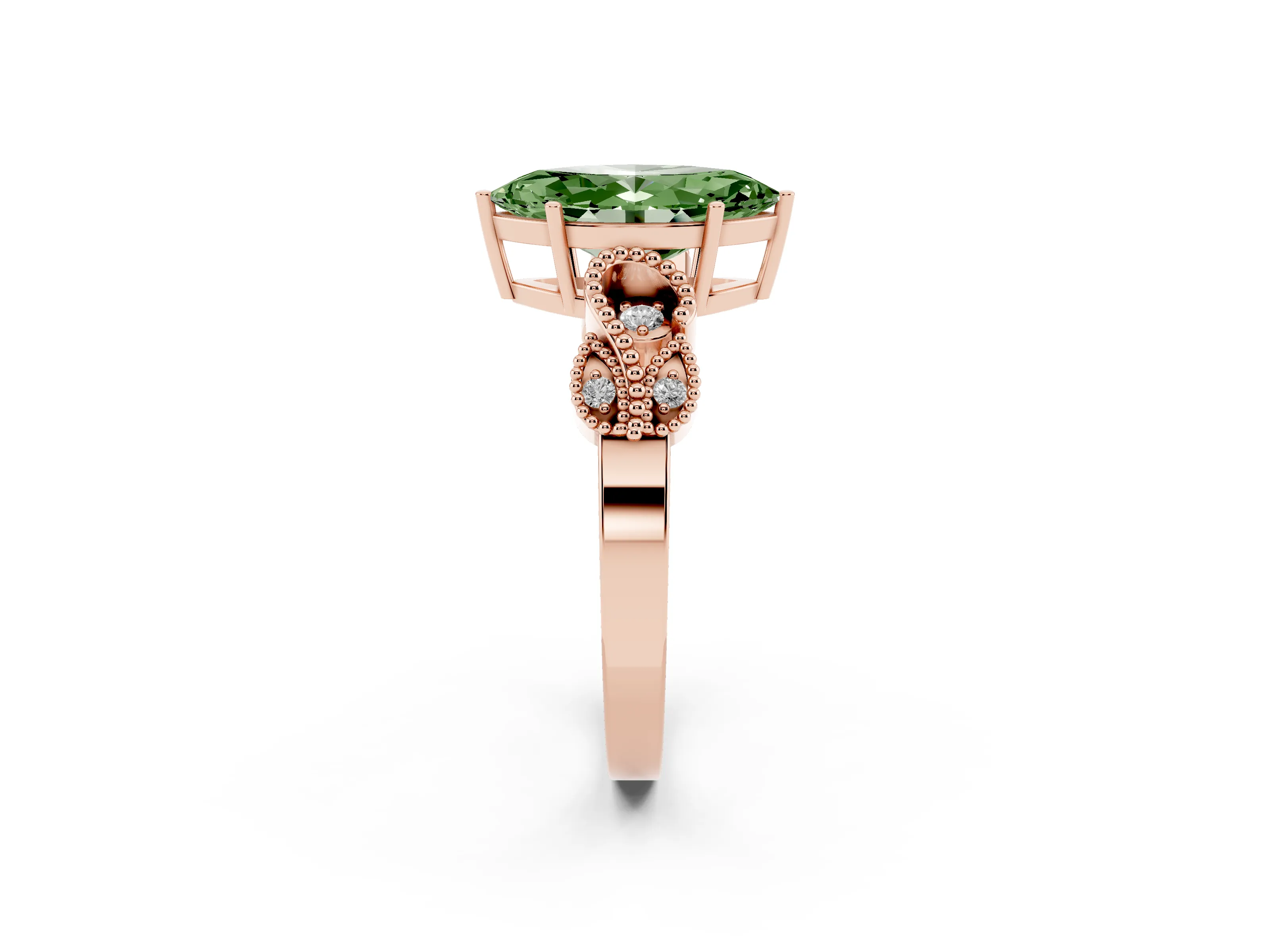 Fancy Green Marquise Cut Diamond Milgrain Leaf Band Solitaire Ring Set in Rose gold with Accent Stones and Prong Setting