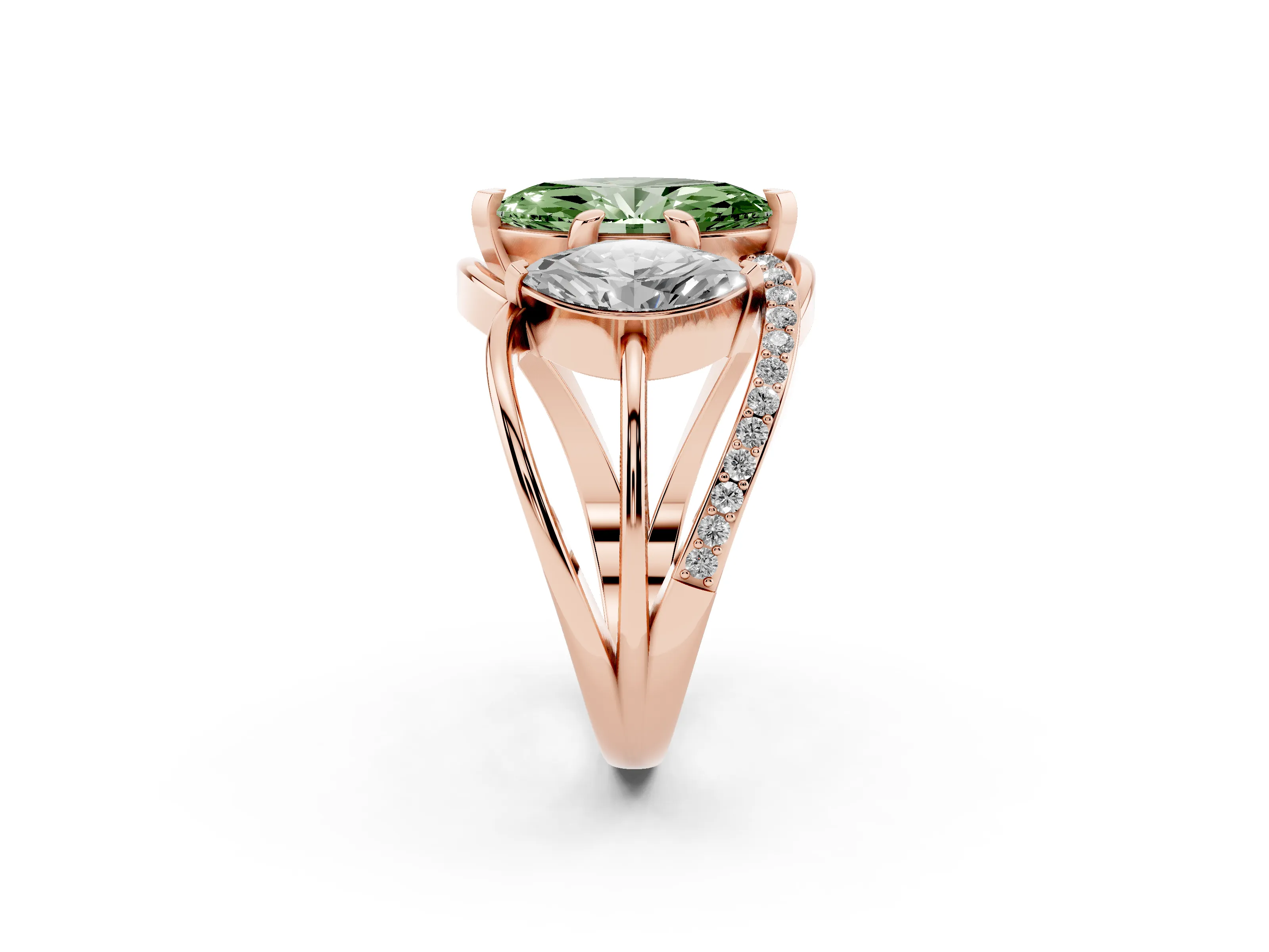 Fancy Green Marquise Cut Diamond Three-Stone Ring Set in Rose gold with Split Shank and Prong Setting