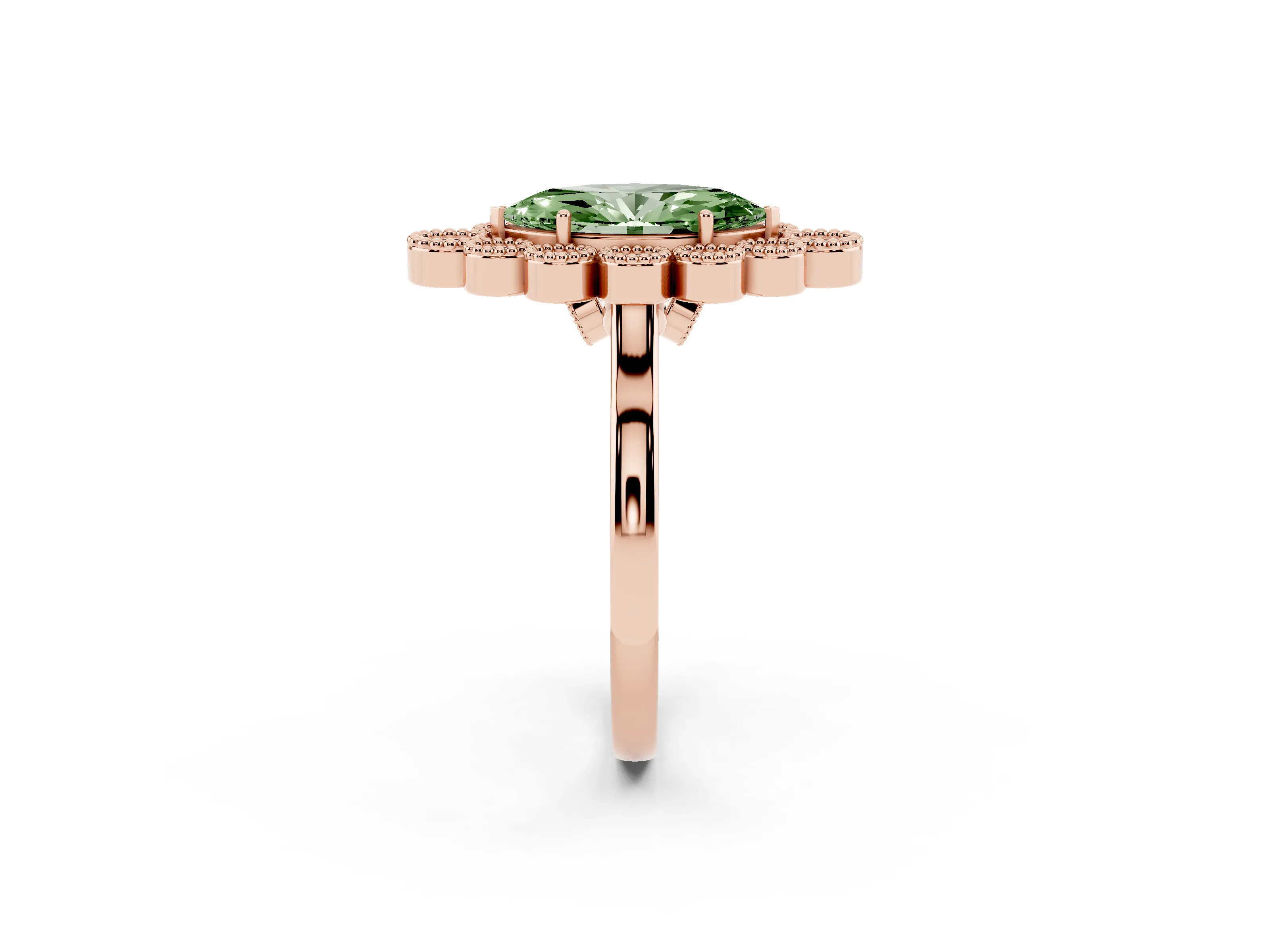 Fancy Green Marquise Cut Diamond Cluster Halo Ring Set in Rose gold with Milgrain Bezel Accents and Plain Band